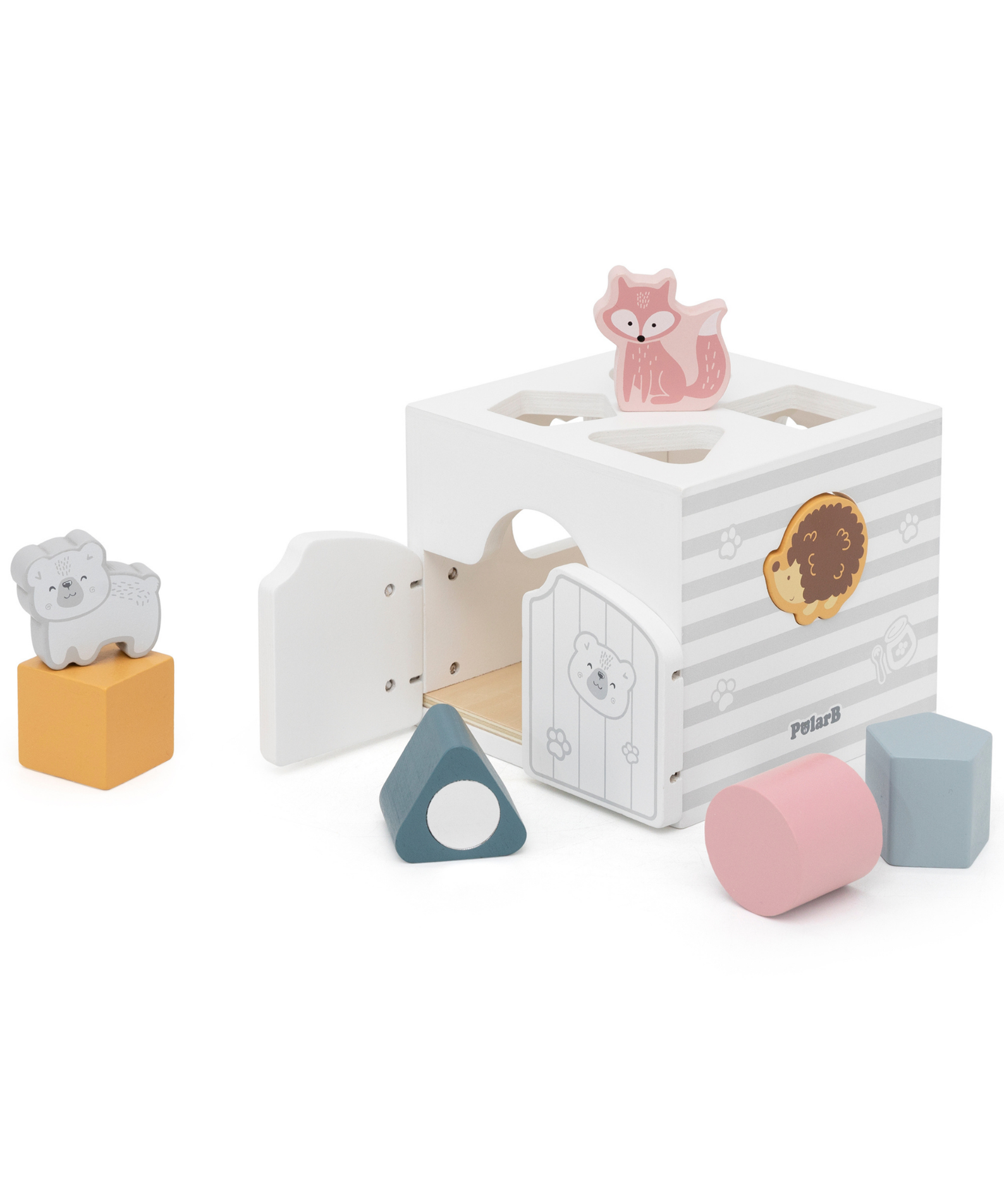 PolarB Shape Sorter with Music Blocks, 7 Wooden Pieces Including Animal Shapes, Mirror, and Sound Blocks, Educational Toy for Toddlers 18 Months+