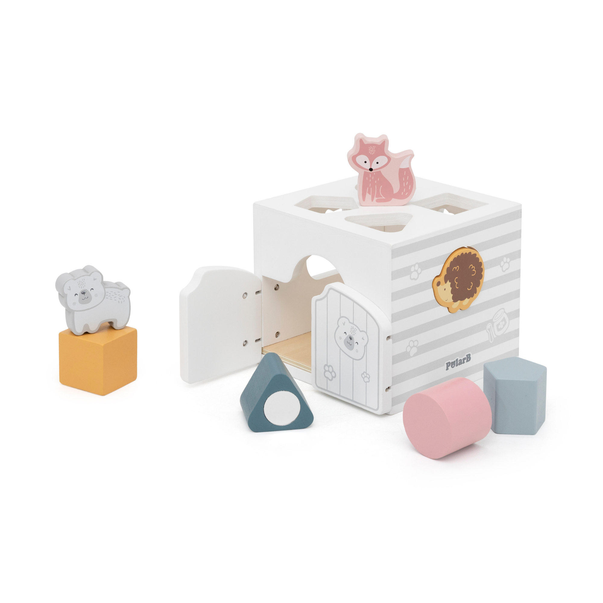 PolarB Shape Sorter with Music Blocks, 7 Wooden Pieces Including Animal Shapes, Mirror, and Sound Blocks, Educational Toy for Toddlers 18 Months+