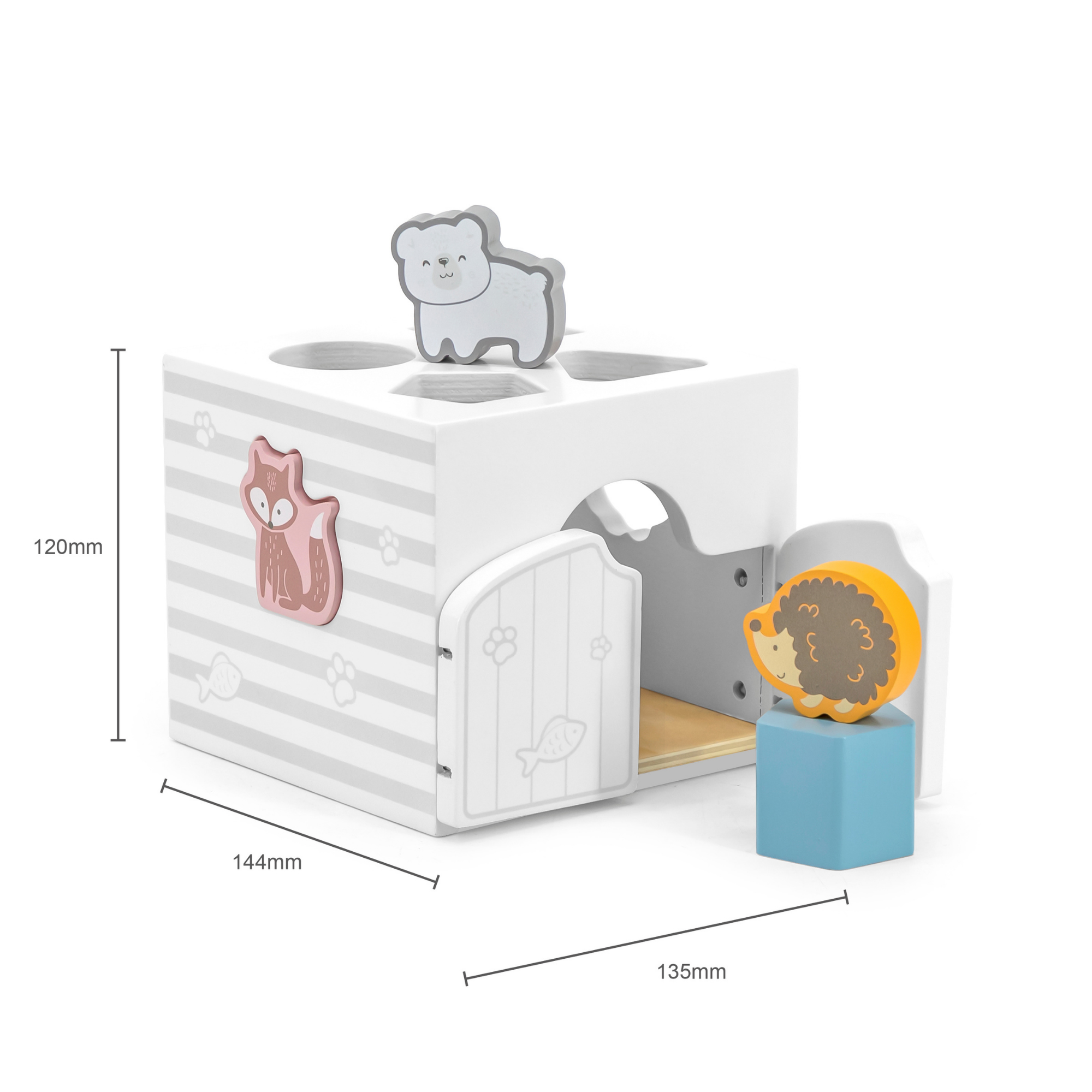 PolarB Shape Sorter with Music Blocks, 7 Wooden Pieces Including Animal Shapes, Mirror, and Sound Blocks, Educational Toy for Toddlers 18 Months+