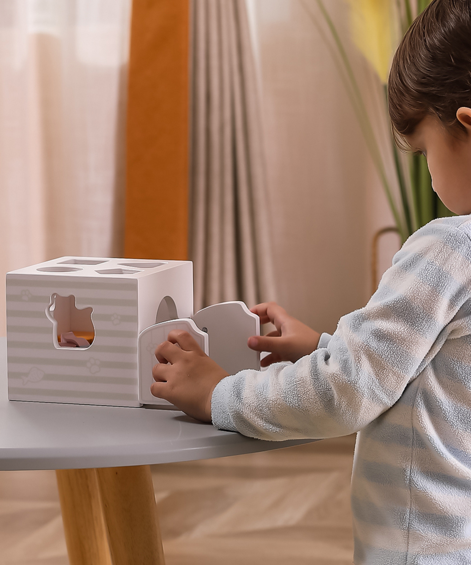 PolarB Shape Sorter with Music Blocks, 7 Wooden Pieces Including Animal Shapes, Mirror, and Sound Blocks, Educational Toy for Toddlers 18 Months+