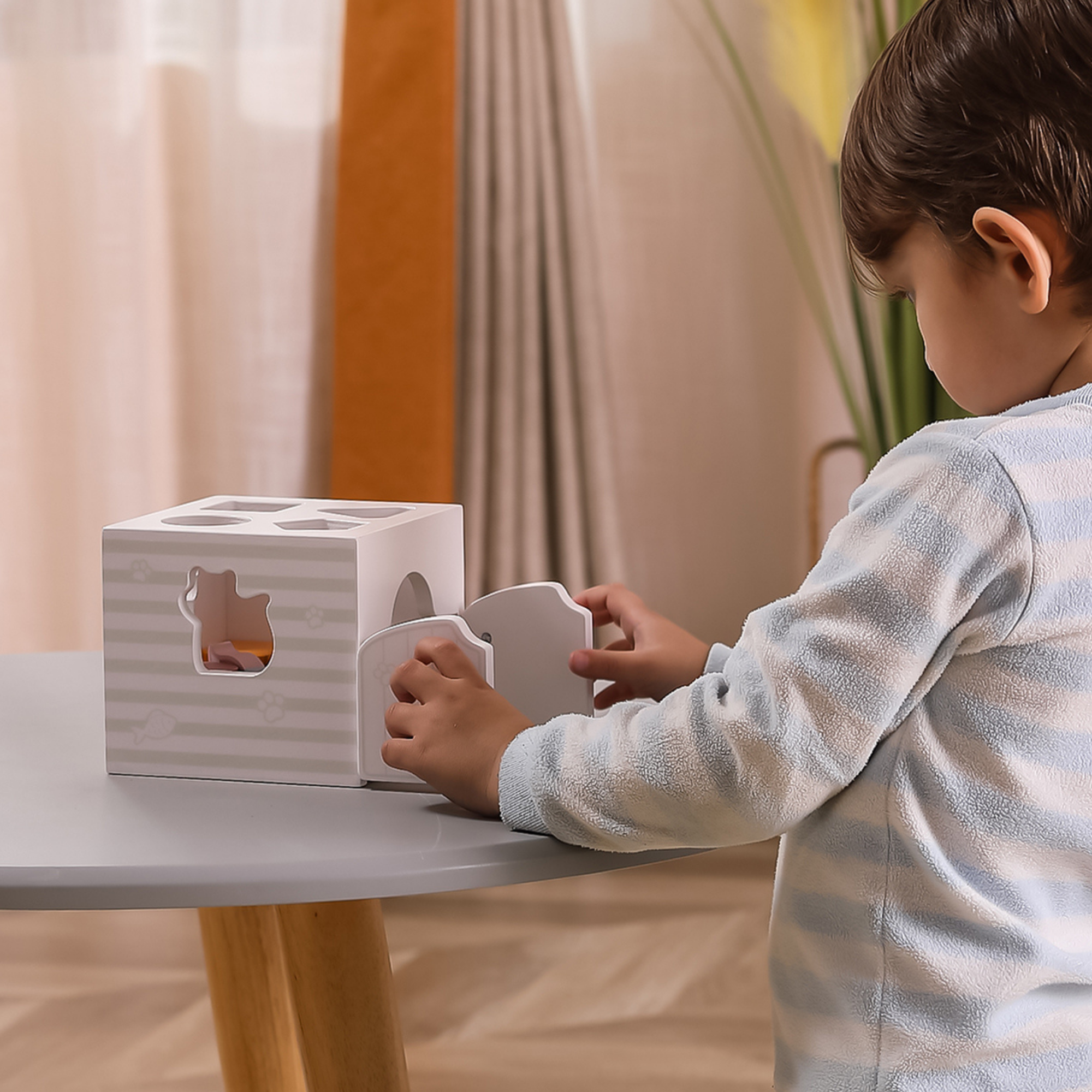 PolarB Shape Sorter with Music Blocks, 7 Wooden Pieces Including Animal Shapes, Mirror, and Sound Blocks, Educational Toy for Toddlers 18 Months+