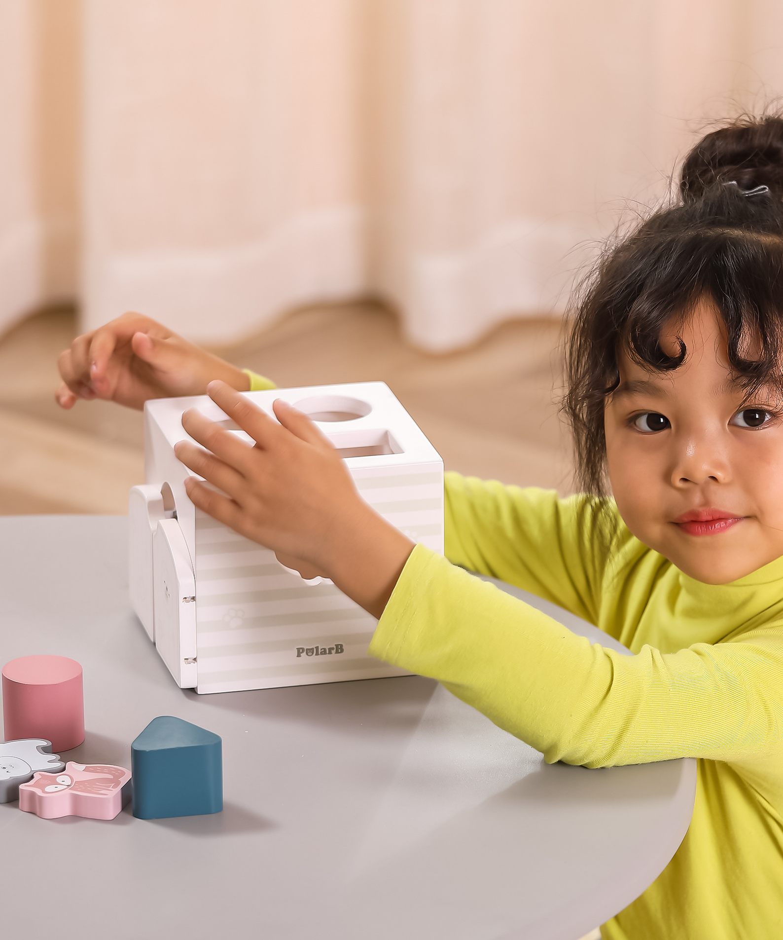 PolarB Shape Sorter with Music Blocks, 7 Wooden Pieces Including Animal Shapes, Mirror, and Sound Blocks, Educational Toy for Toddlers 18 Months+