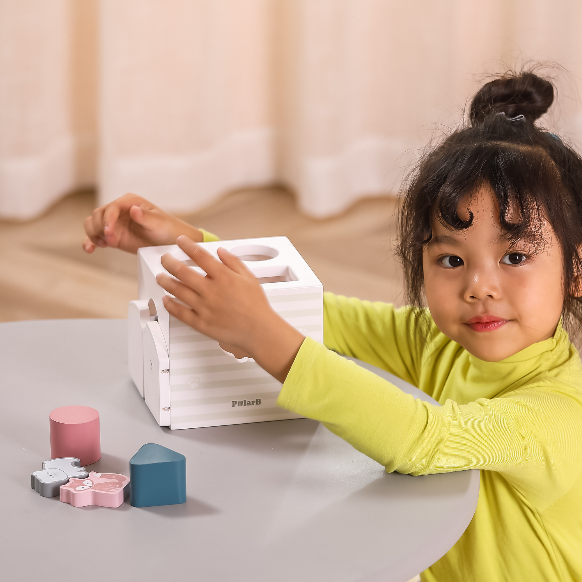 PolarB Shape Sorter with Music Blocks, 7 Wooden Pieces Including Animal Shapes, Mirror, and Sound Blocks, Educational Toy for Toddlers 18 Months+