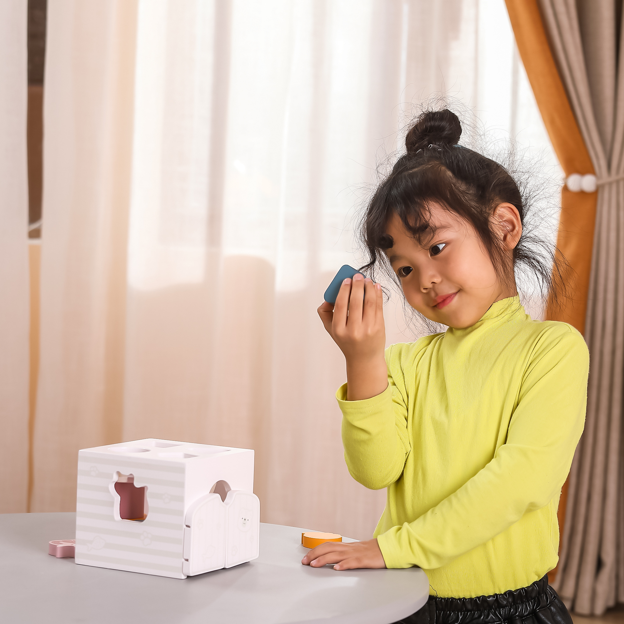 PolarB Shape Sorter with Music Blocks, 7 Wooden Pieces Including Animal Shapes, Mirror, and Sound Blocks, Educational Toy for Toddlers 18 Months+