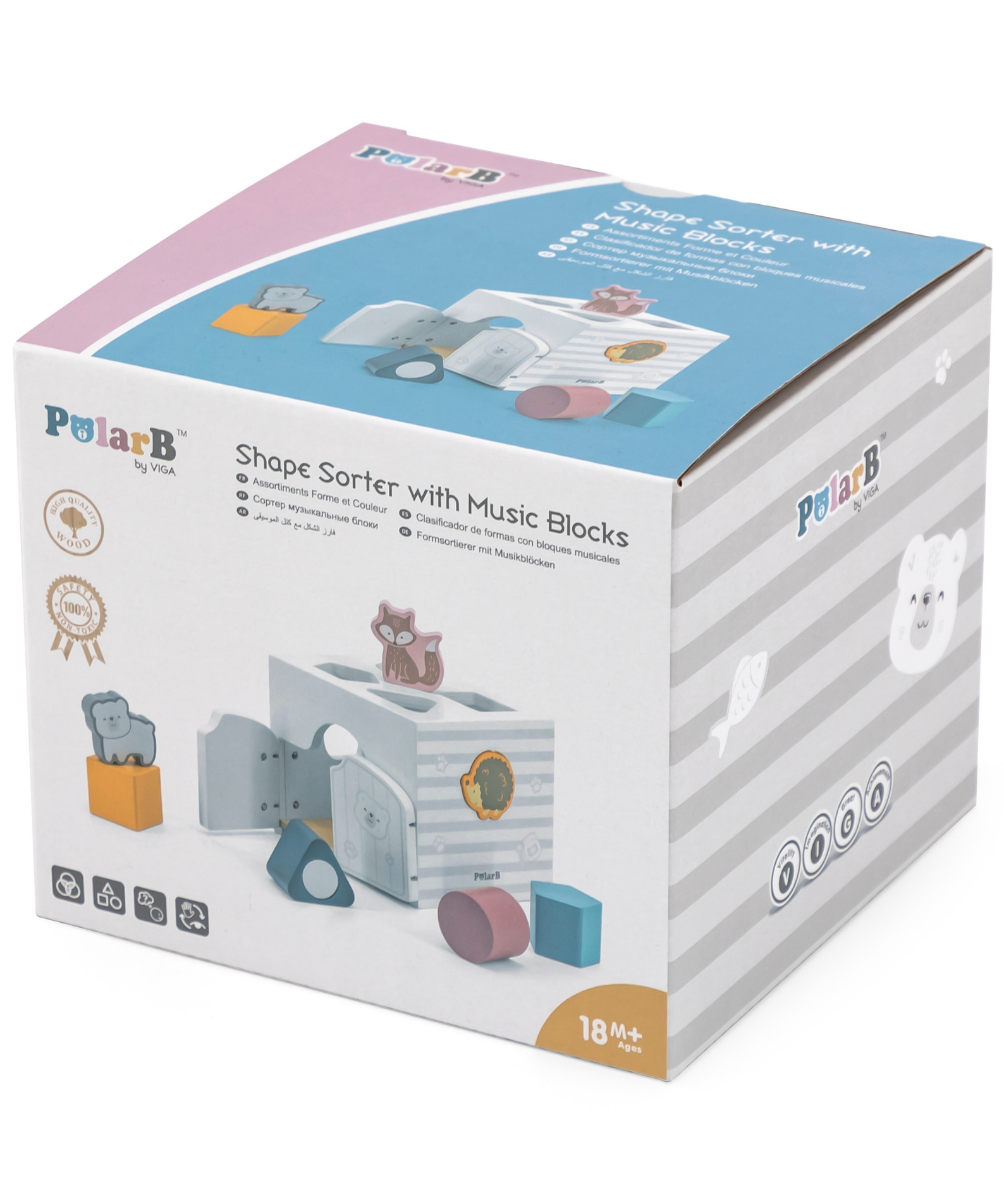 PolarB Shape Sorter with Music Blocks, 7 Wooden Pieces Including Animal Shapes, Mirror, and Sound Blocks, Educational Toy for Toddlers 18 Months+