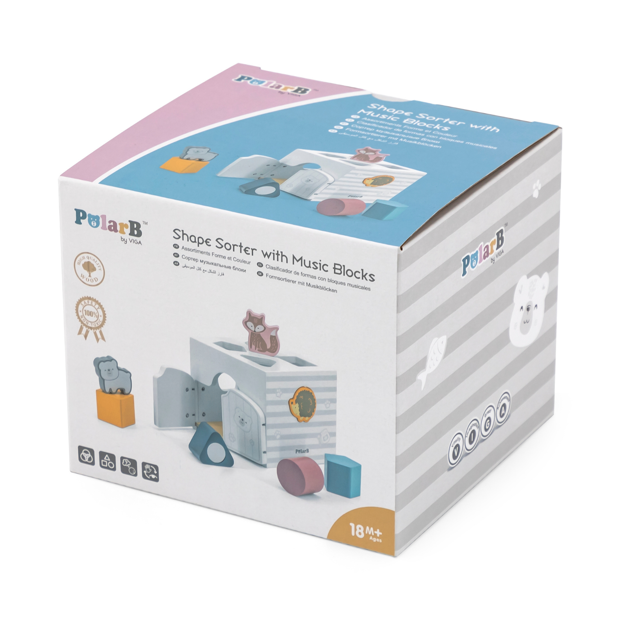 PolarB Shape Sorter with Music Blocks, 7 Wooden Pieces Including Animal Shapes, Mirror, and Sound Blocks, Educational Toy for Toddlers 18 Months+