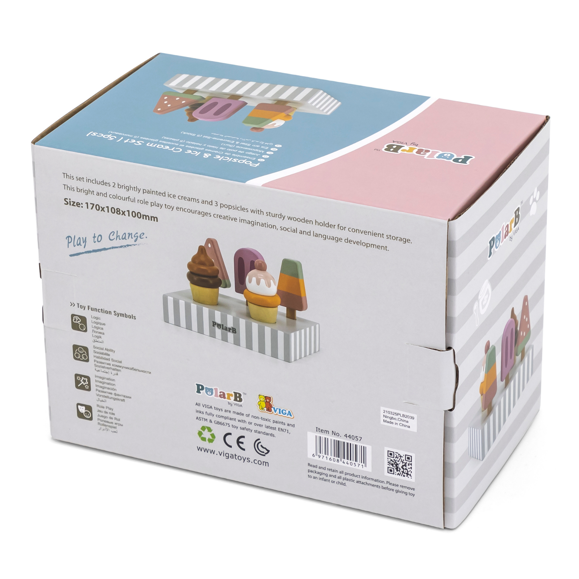 PolarB Wooden Popsicle and Ice Cream Set for Ages 3 and Up  5 Piece Roleplay Toy to Develop Creativity, Social Skills, and Fine Motor Coordination