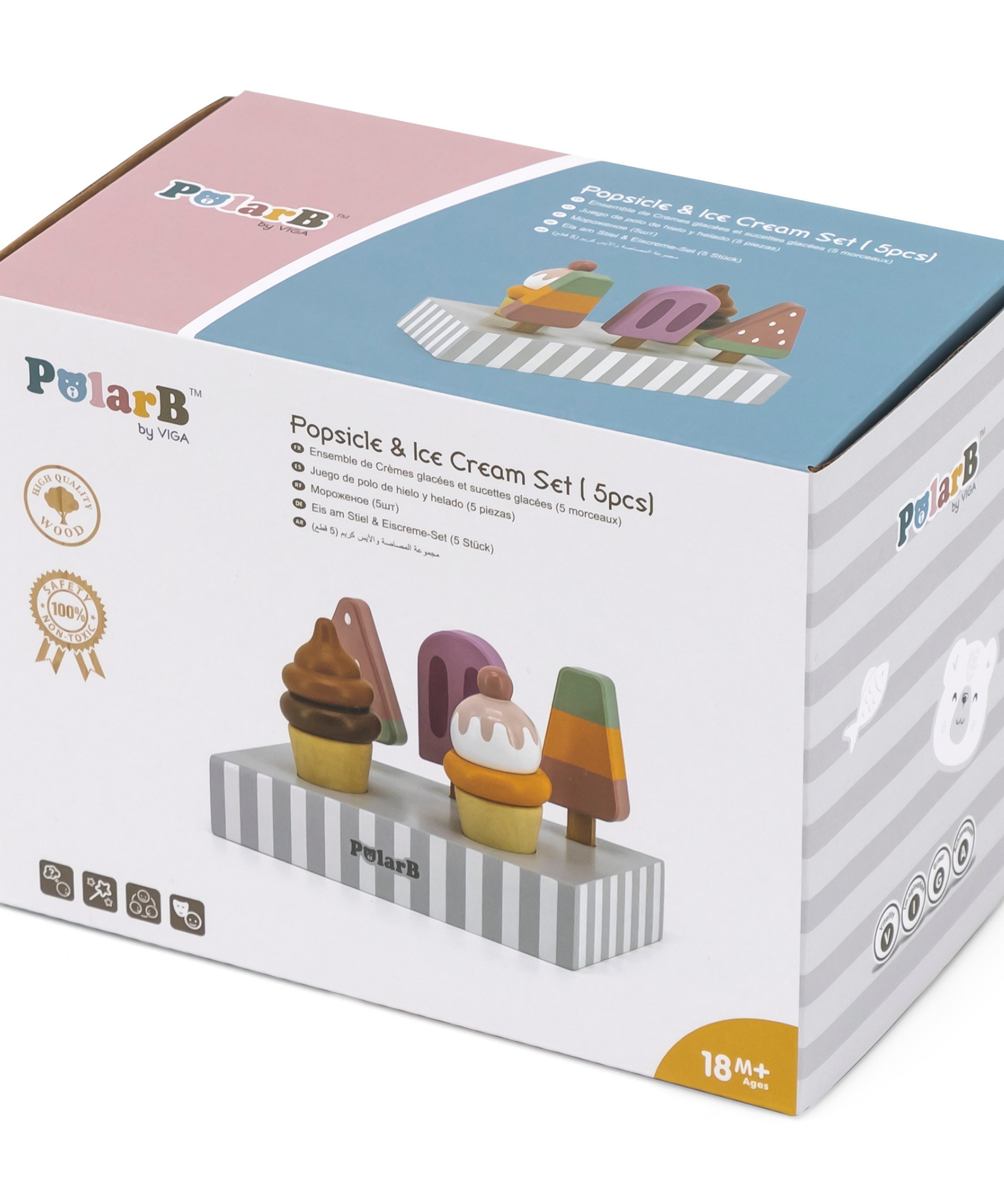 PolarB Wooden Popsicle and Ice Cream Set for Ages 3 and Up  5 Piece Roleplay Toy to Develop Creativity, Social Skills, and Fine Motor Coordination