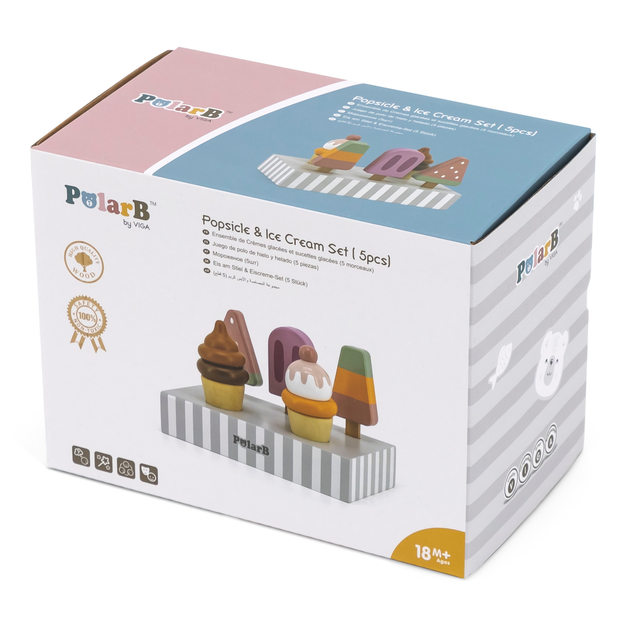 PolarB Wooden Popsicle and Ice Cream Set for Ages 3 and Up  5 Piece Roleplay Toy to Develop Creativity, Social Skills, and Fine Motor Coordination