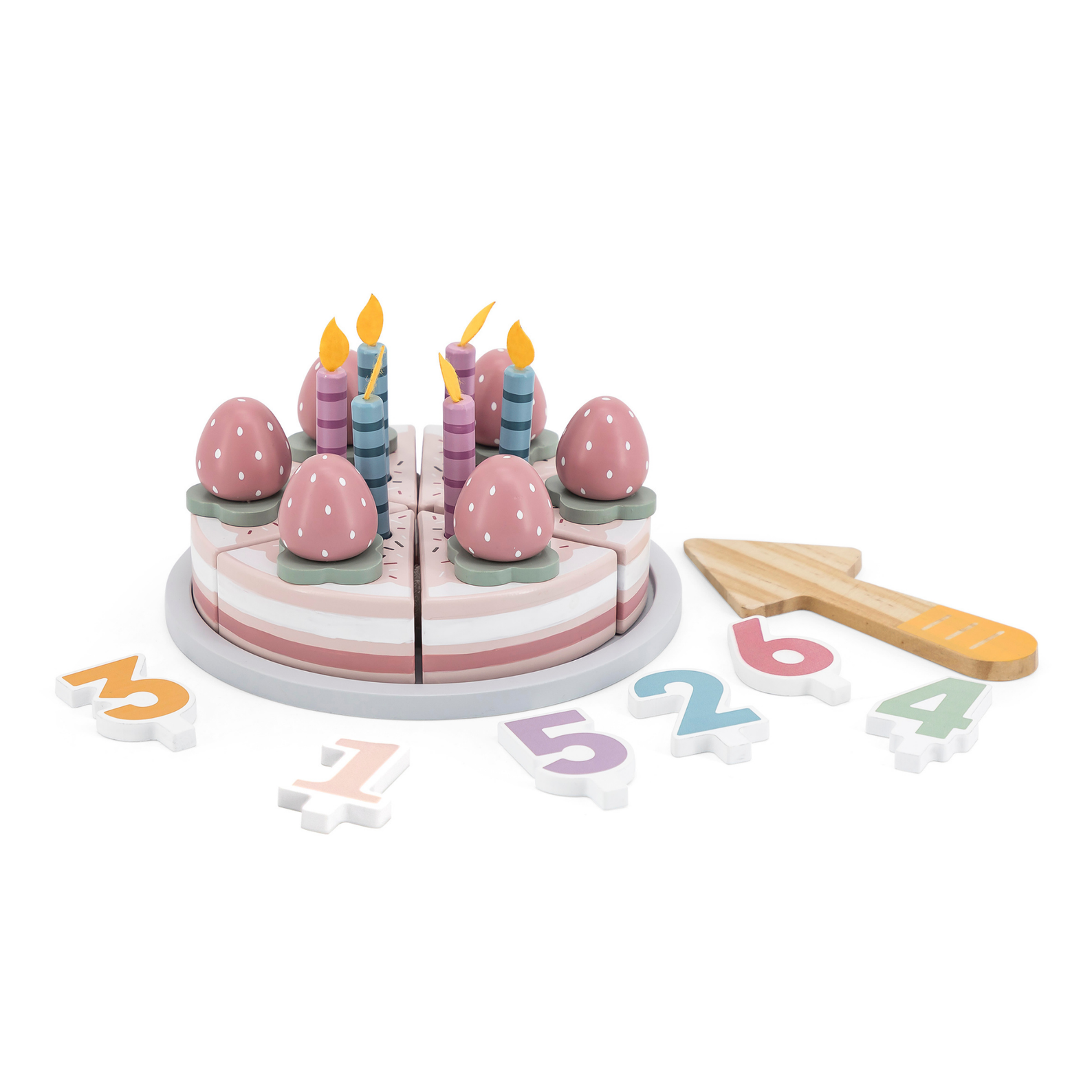 PolarB Wooden Birthday Cake Toy Set for Ages 3 and Up  6 Slice Roleplay Cake with Number Blocks, Candles, and Accessories for Creative Play and Skill Development