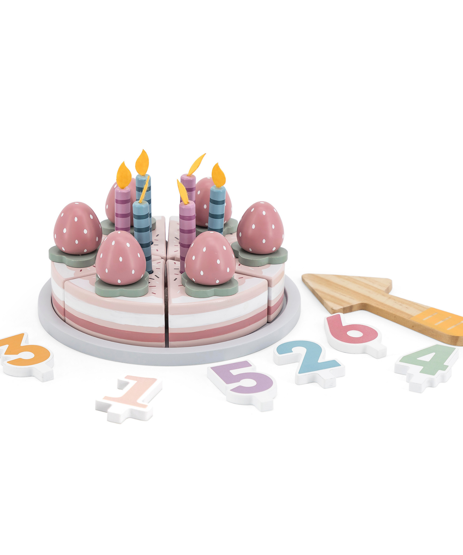 PolarB Wooden Birthday Cake Toy Set for Ages 3 and Up  6 Slice Roleplay Cake with Number Blocks, Candles, and Accessories for Creative Play and Skill Development