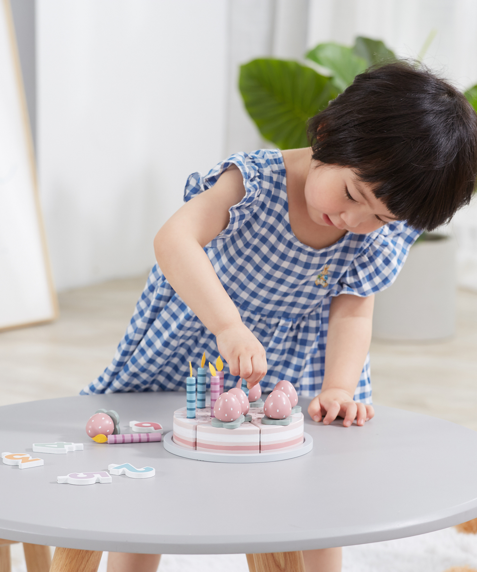 PolarB Wooden Birthday Cake Toy Set for Ages 3 and Up  6 Slice Roleplay Cake with Number Blocks, Candles, and Accessories for Creative Play and Skill Development