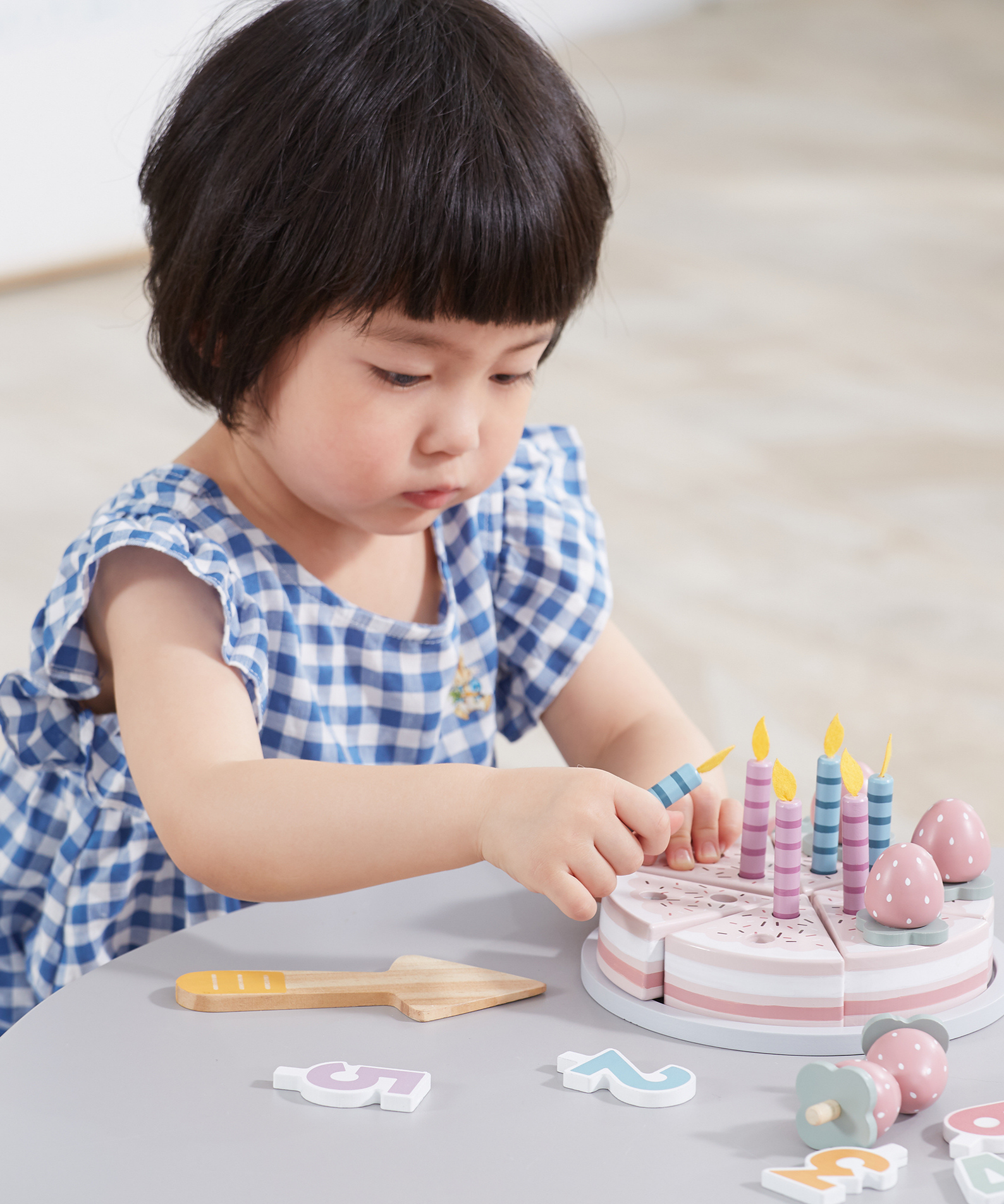 PolarB Wooden Birthday Cake Toy Set for Ages 3 and Up  6 Slice Roleplay Cake with Number Blocks, Candles, and Accessories for Creative Play and Skill Development