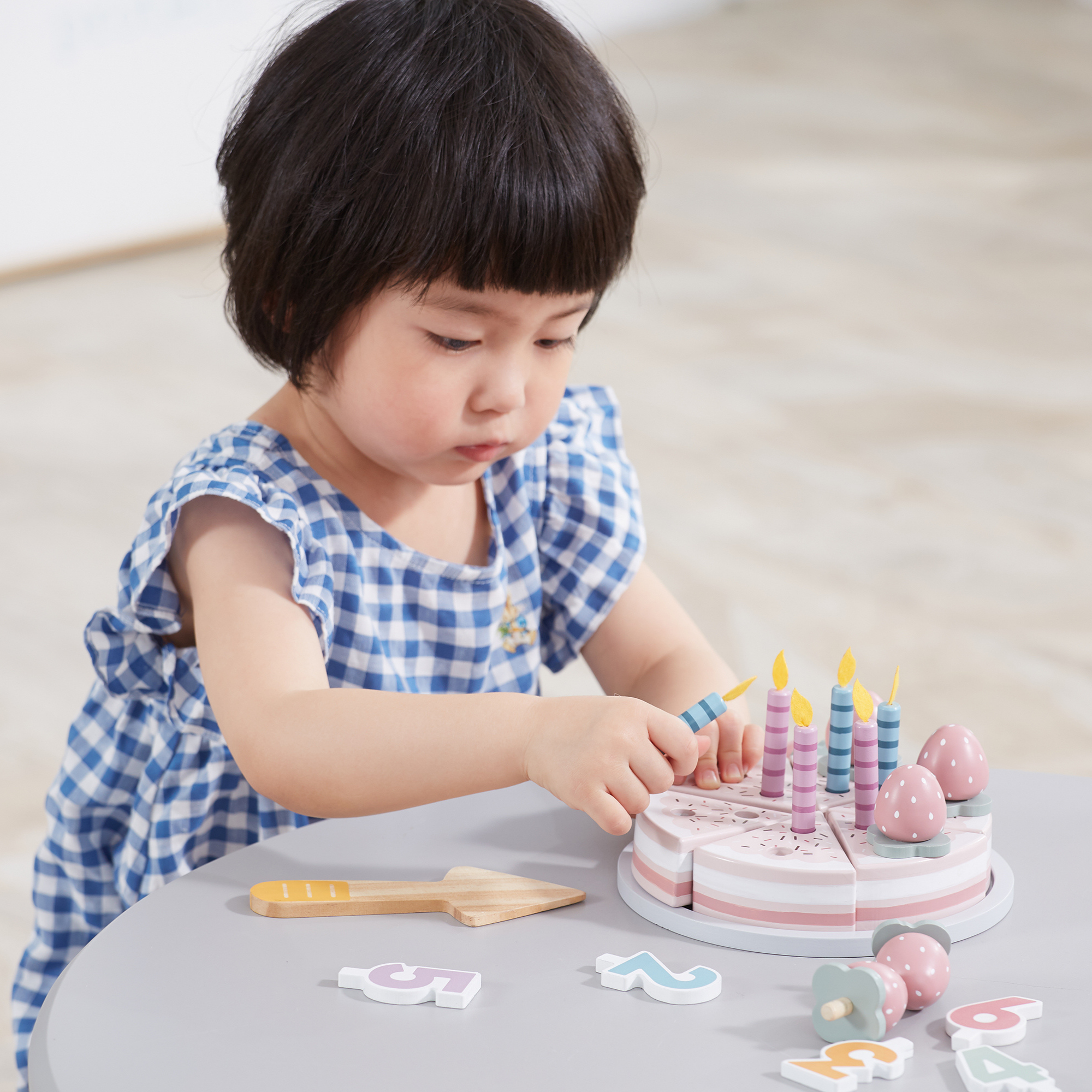 PolarB Wooden Birthday Cake Toy Set for Ages 3 and Up  6 Slice Roleplay Cake with Number Blocks, Candles, and Accessories for Creative Play and Skill Development