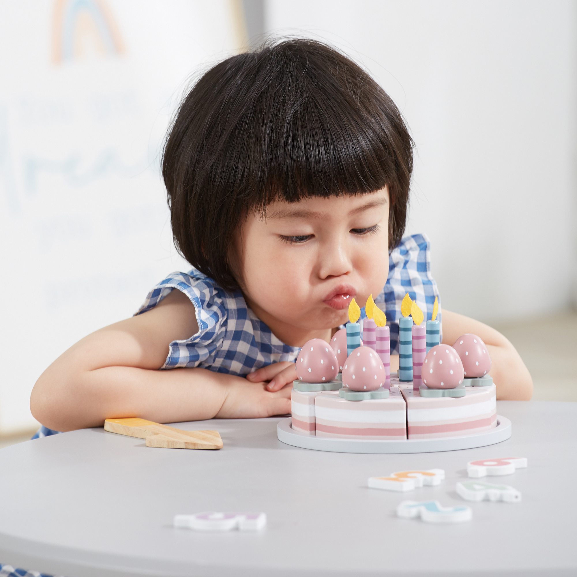 PolarB Wooden Birthday Cake Toy Set for Ages 3 and Up  6 Slice Roleplay Cake with Number Blocks, Candles, and Accessories for Creative Play and Skill Development