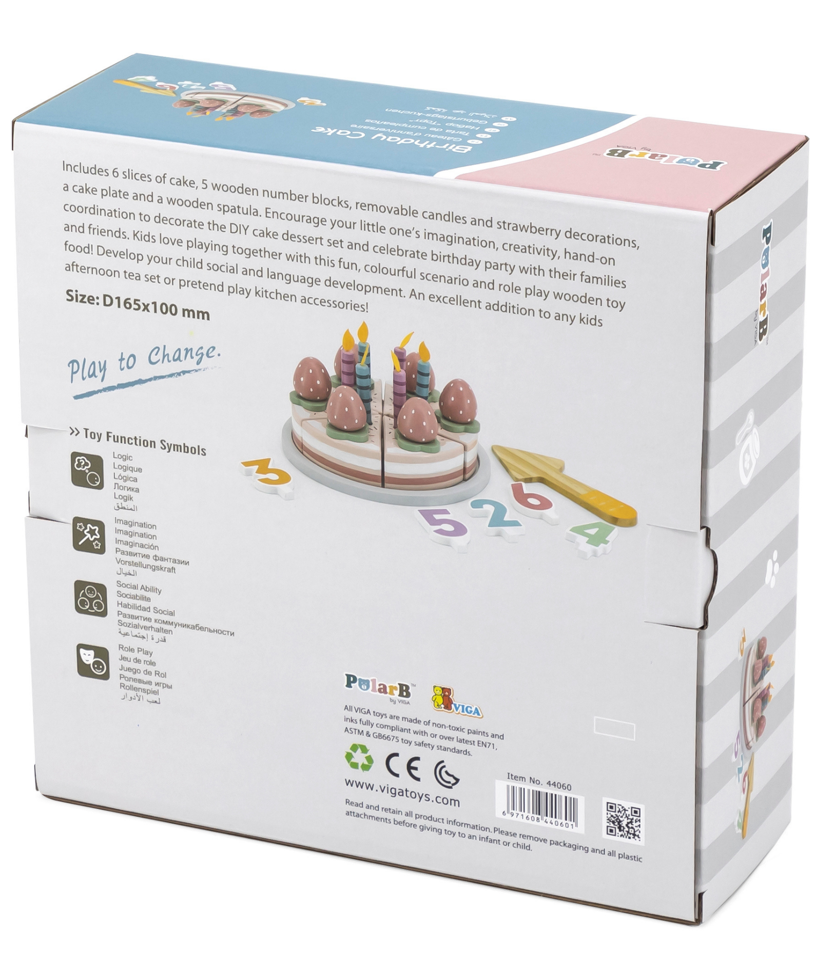 PolarB Wooden Birthday Cake Toy Set for Ages 3 and Up  6 Slice Roleplay Cake with Number Blocks, Candles, and Accessories for Creative Play and Skill Development