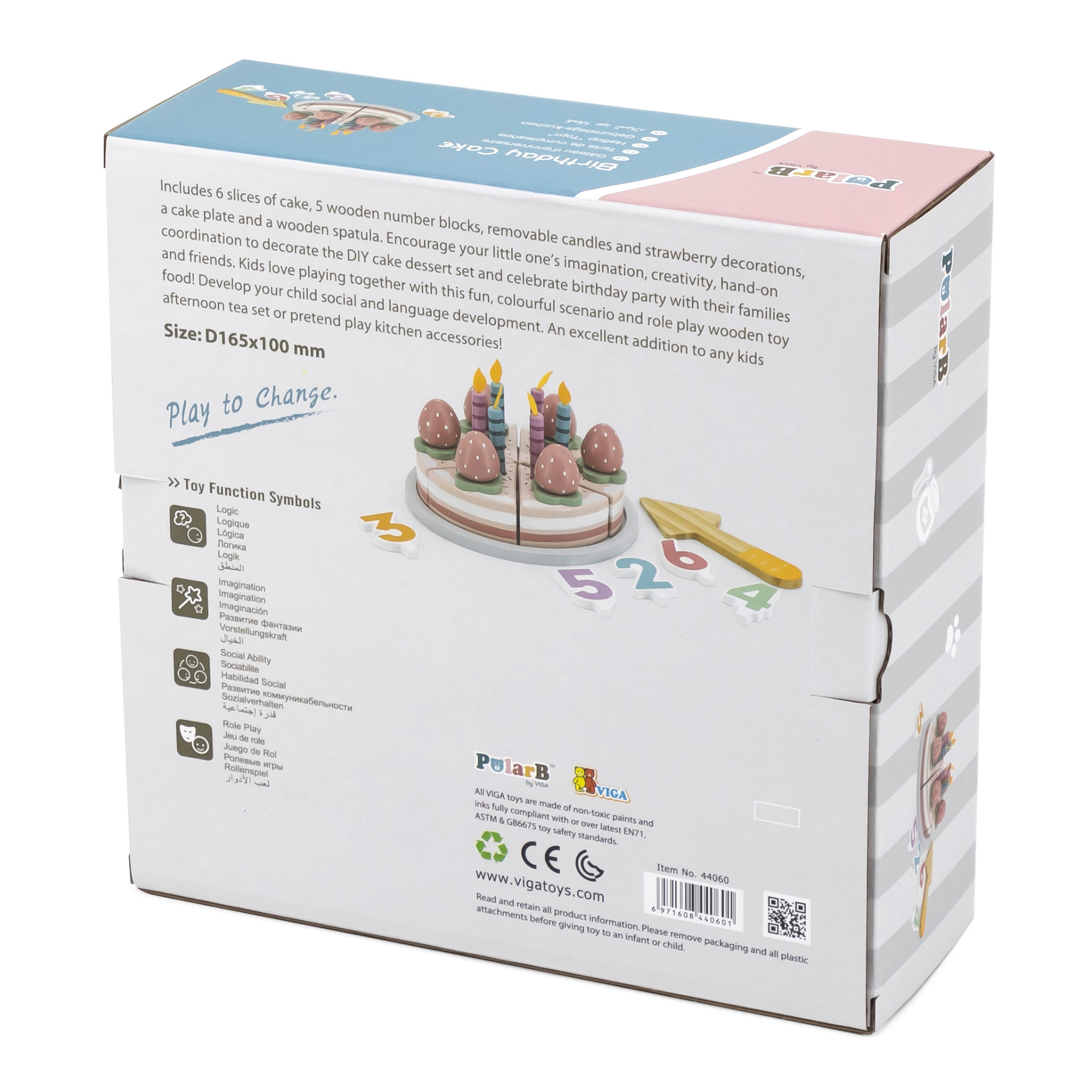 PolarB Wooden Birthday Cake Toy Set for Ages 3 and Up  6 Slice Roleplay Cake with Number Blocks, Candles, and Accessories for Creative Play and Skill Development