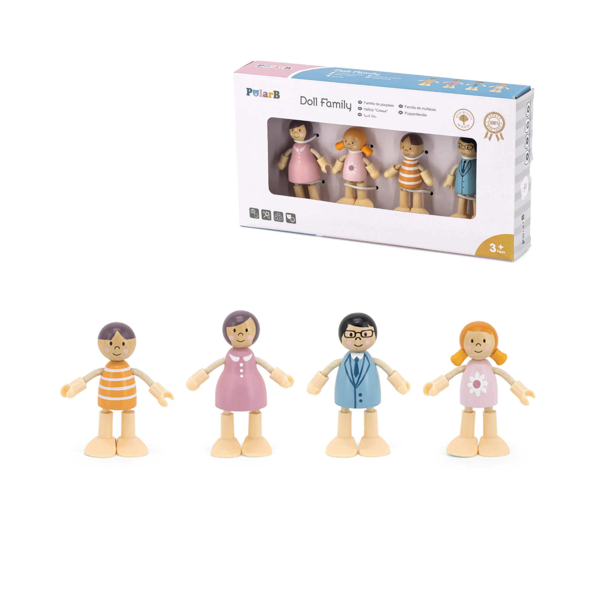PolarB Doll Family Set of 4 with Posable Arms and Legs for Dollhouse Role Play, Ages 3 and Up