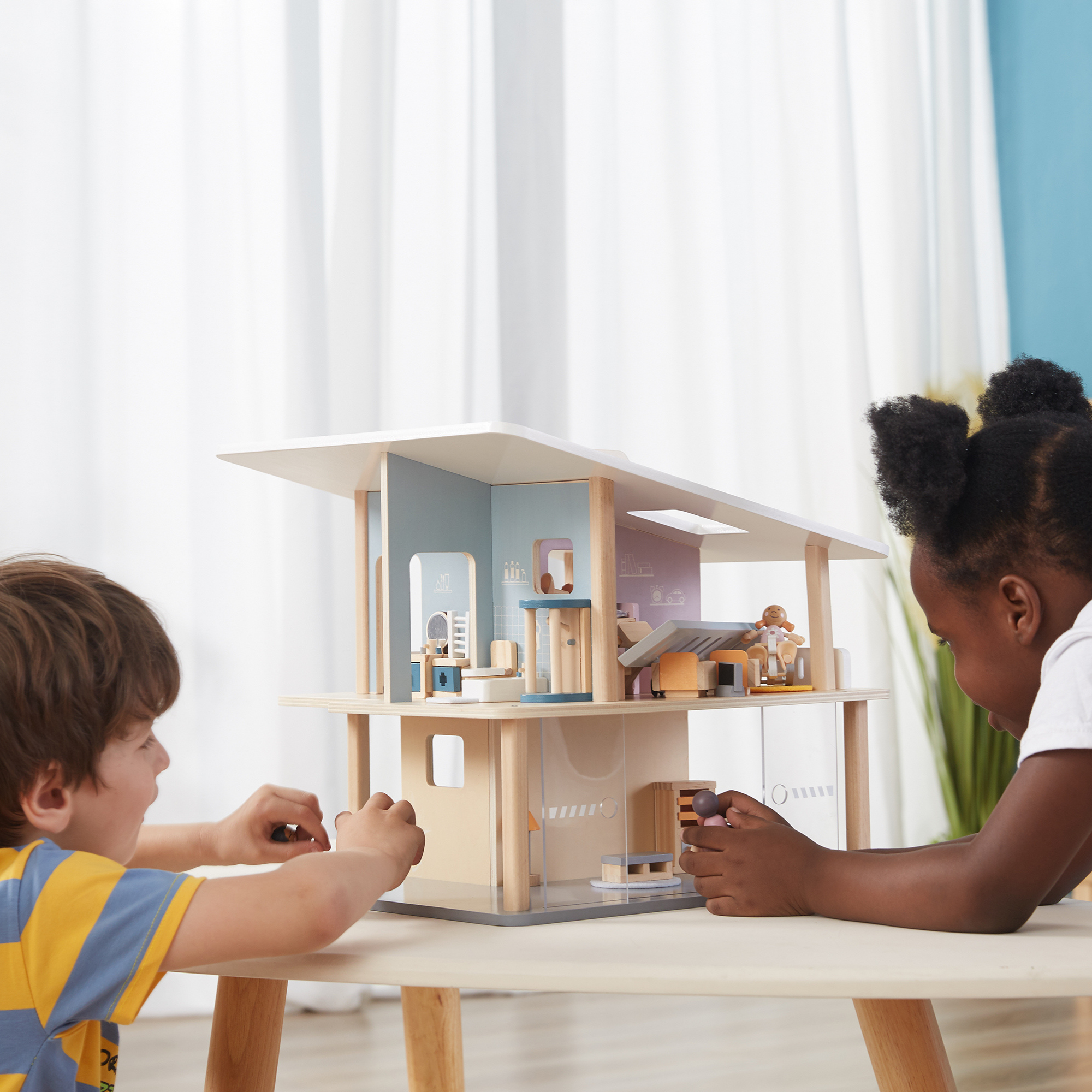 PolarB Wooden Holiday House Doll House, 2-Storey Playset with 5 Rooms, Patio and Staircases, Montessori Role Play Toy for Kids 3 Years+