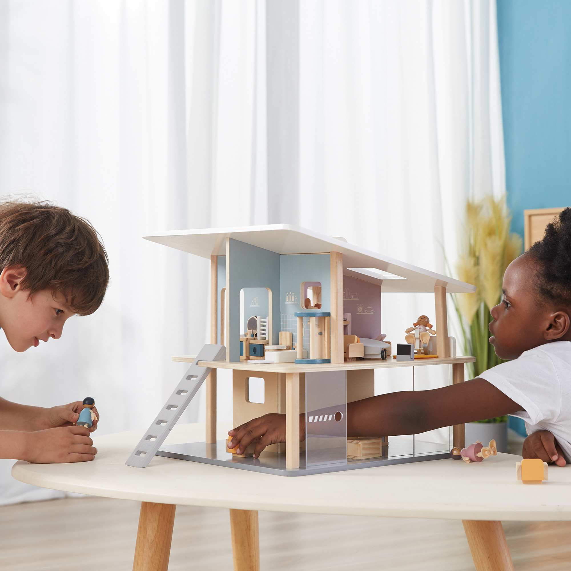 PolarB Wooden Holiday House Doll House, 2-Storey Playset with 5 Rooms, Patio and Staircases, Montessori Role Play Toy for Kids 3 Years+