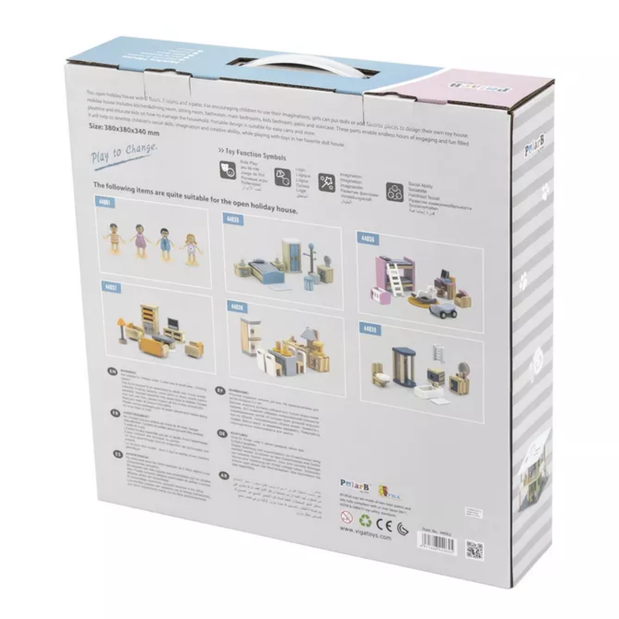 PolarB Wooden Holiday House Doll House, 2-Storey Playset with 5 Rooms, Patio and Staircases, Montessori Role Play Toy for Kids 3 Years+