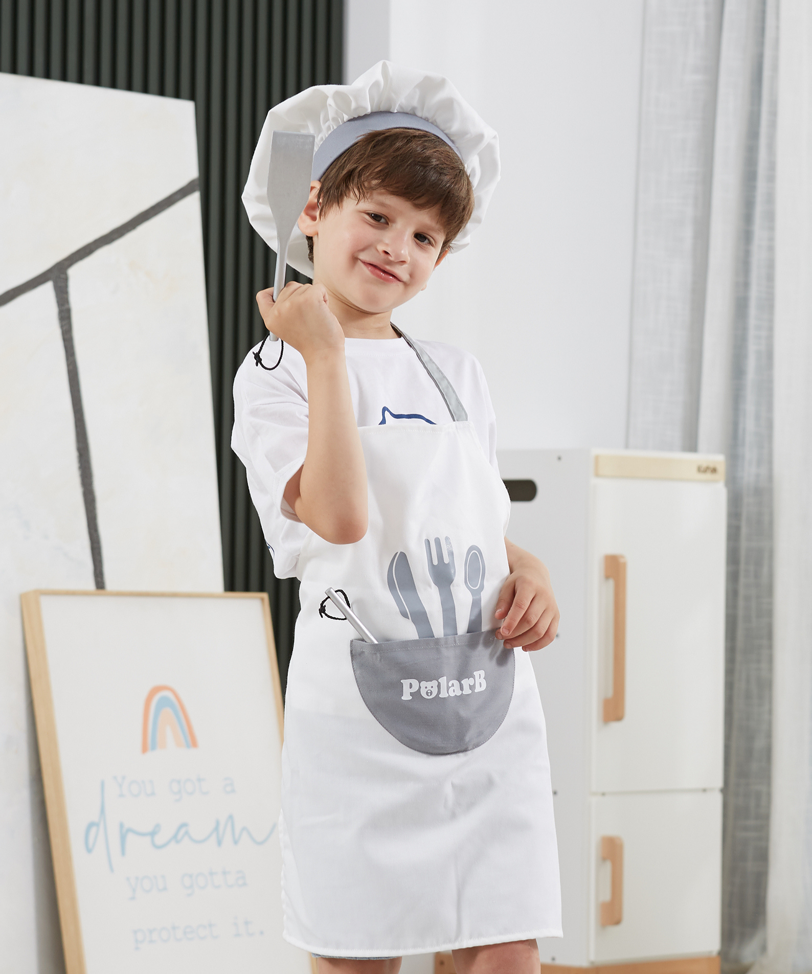 VIGA Little Chef Uniform and Hat Set, Kids Apron with Pocket and Adjustable Hat, Role Play Costume for Cooking, Baking and Dress Up
