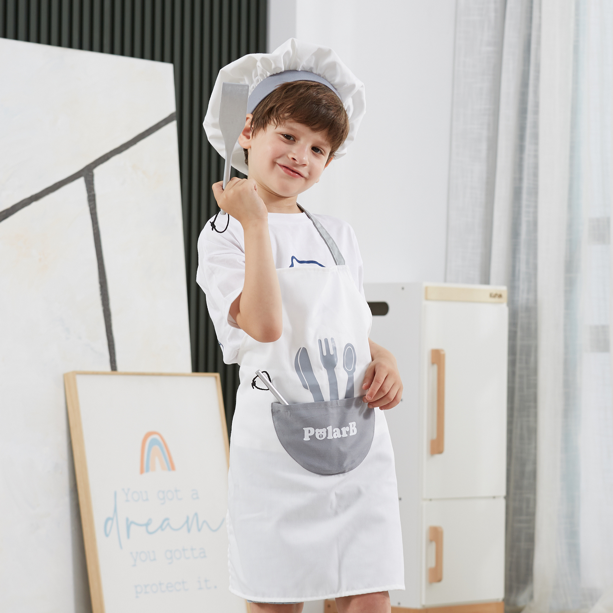 VIGA Little Chef Uniform and Hat Set, Kids Apron with Pocket and Adjustable Hat, Role Play Costume for Cooking, Baking and Dress Up