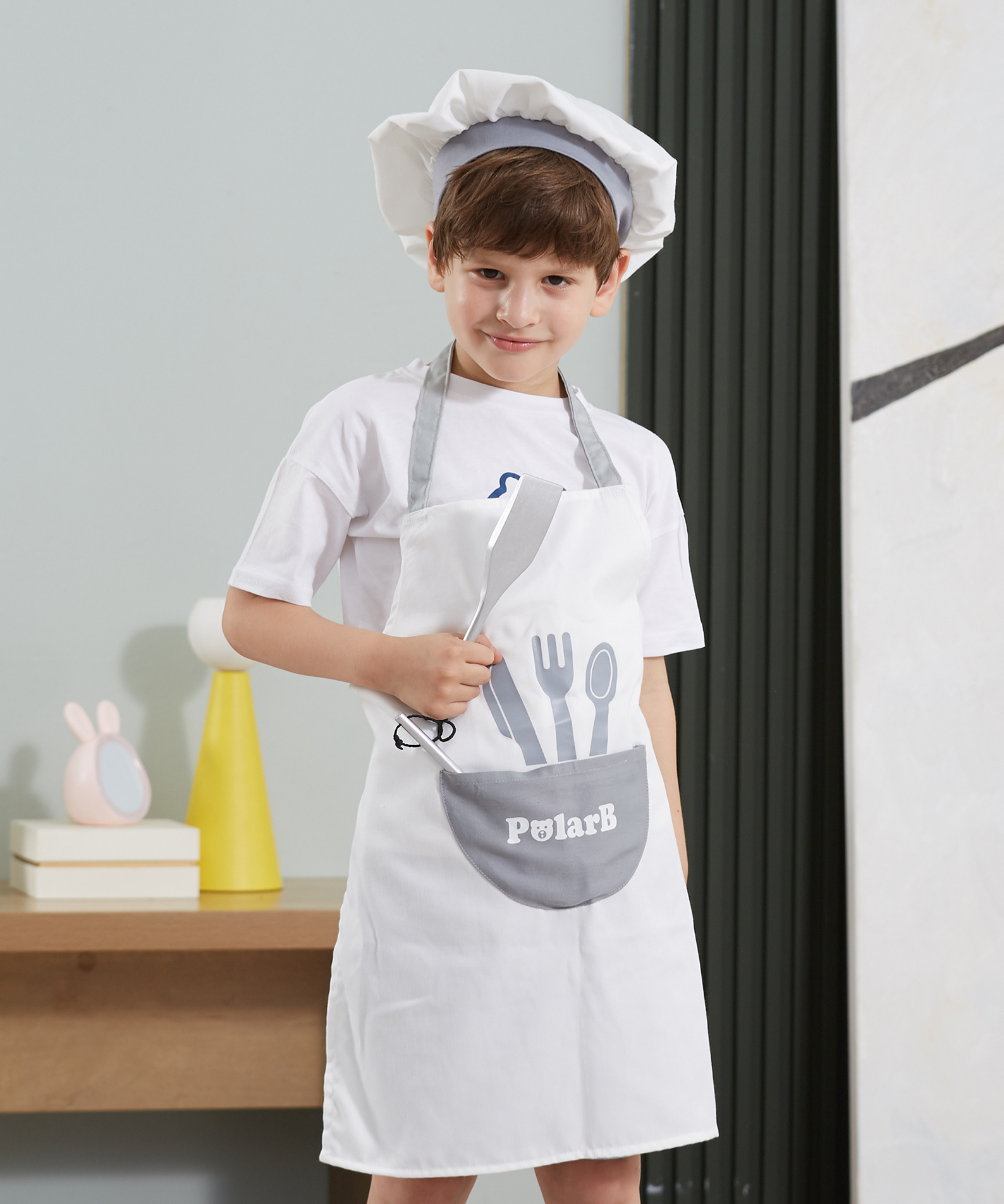VIGA Little Chef Uniform and Hat Set, Kids Apron with Pocket and Adjustable Hat, Role Play Costume for Cooking, Baking and Dress Up