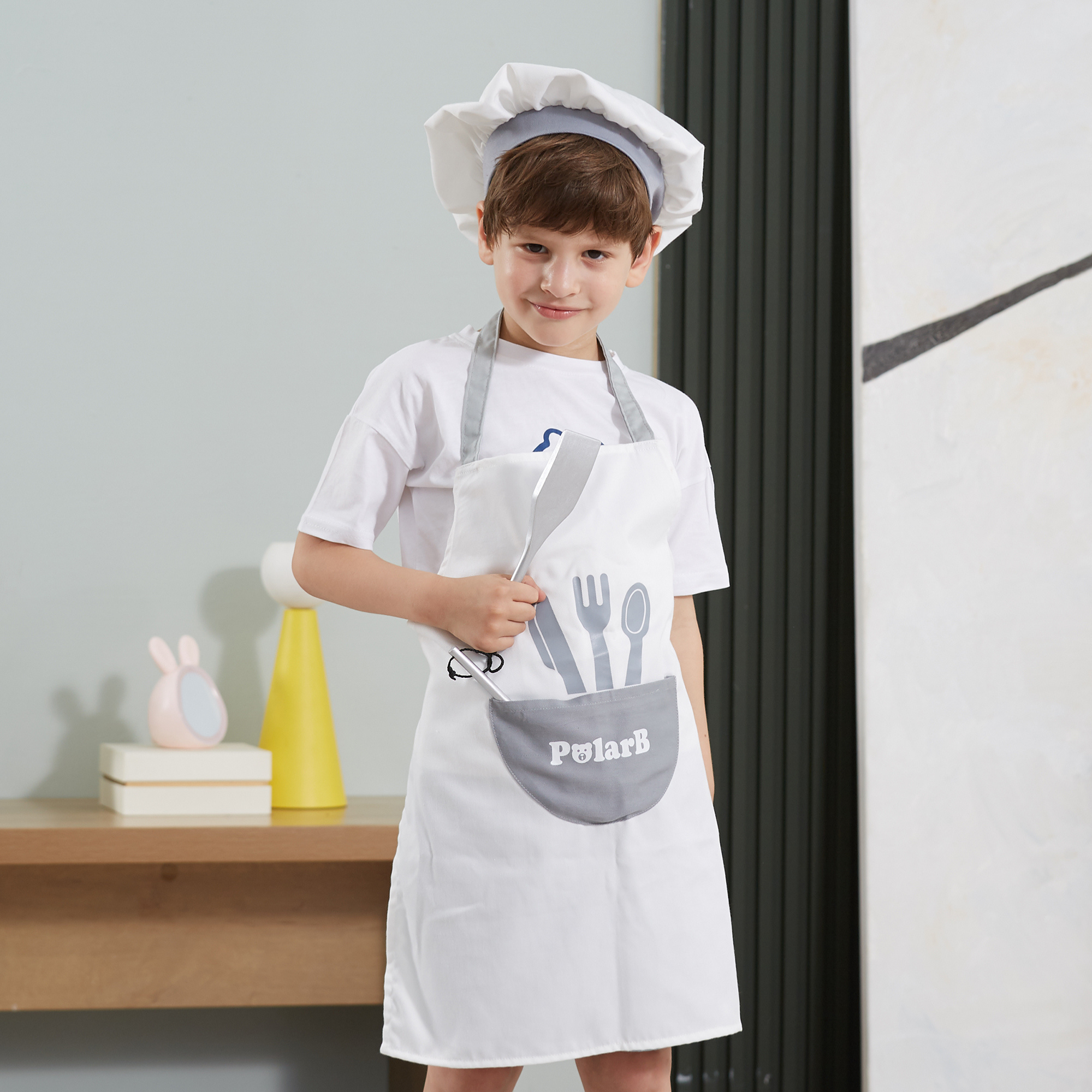 VIGA Little Chef Uniform and Hat Set, Kids Apron with Pocket and Adjustable Hat, Role Play Costume for Cooking, Baking and Dress Up