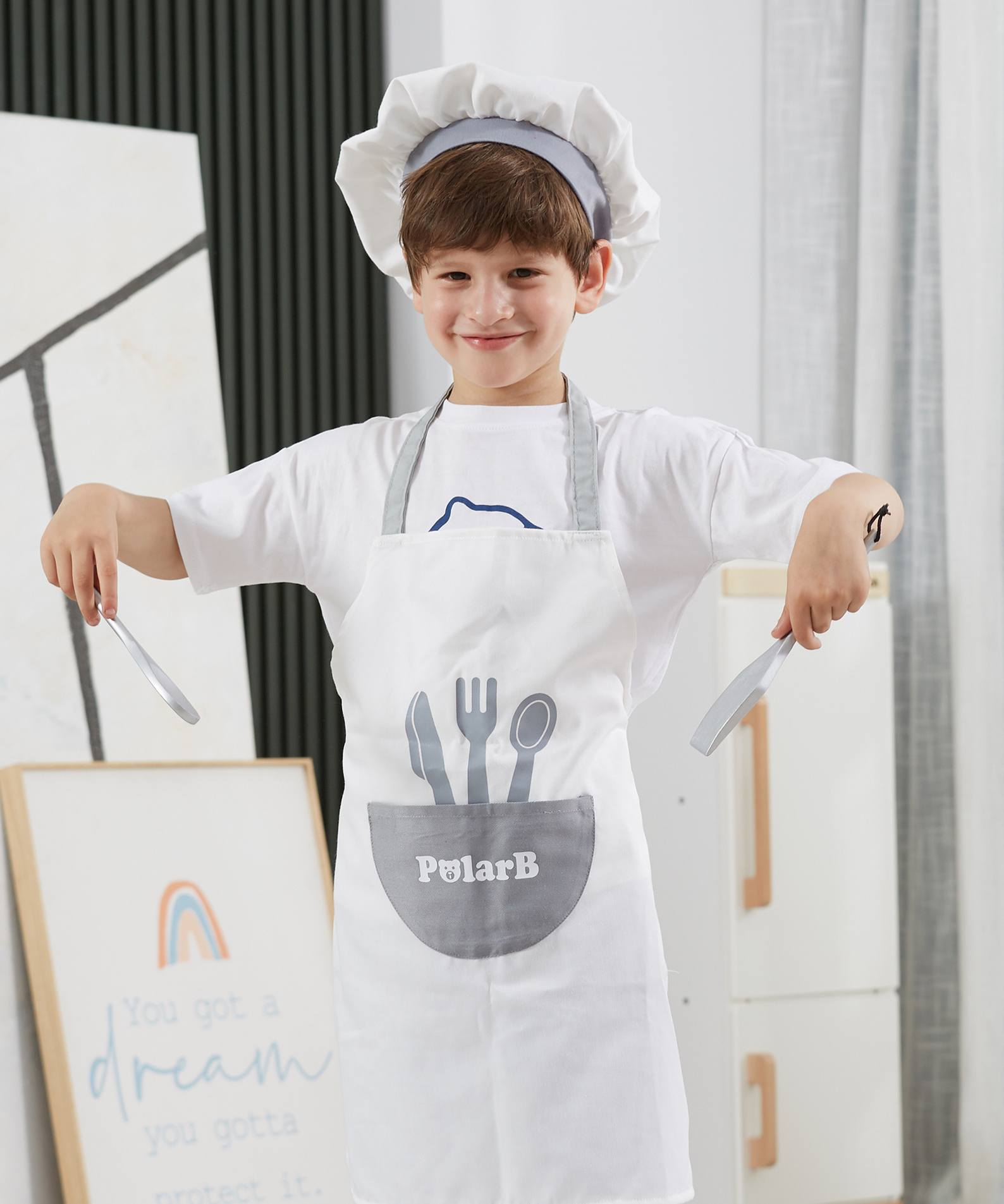 VIGA Little Chef Uniform and Hat Set, Kids Apron with Pocket and Adjustable Hat, Role Play Costume for Cooking, Baking and Dress Up