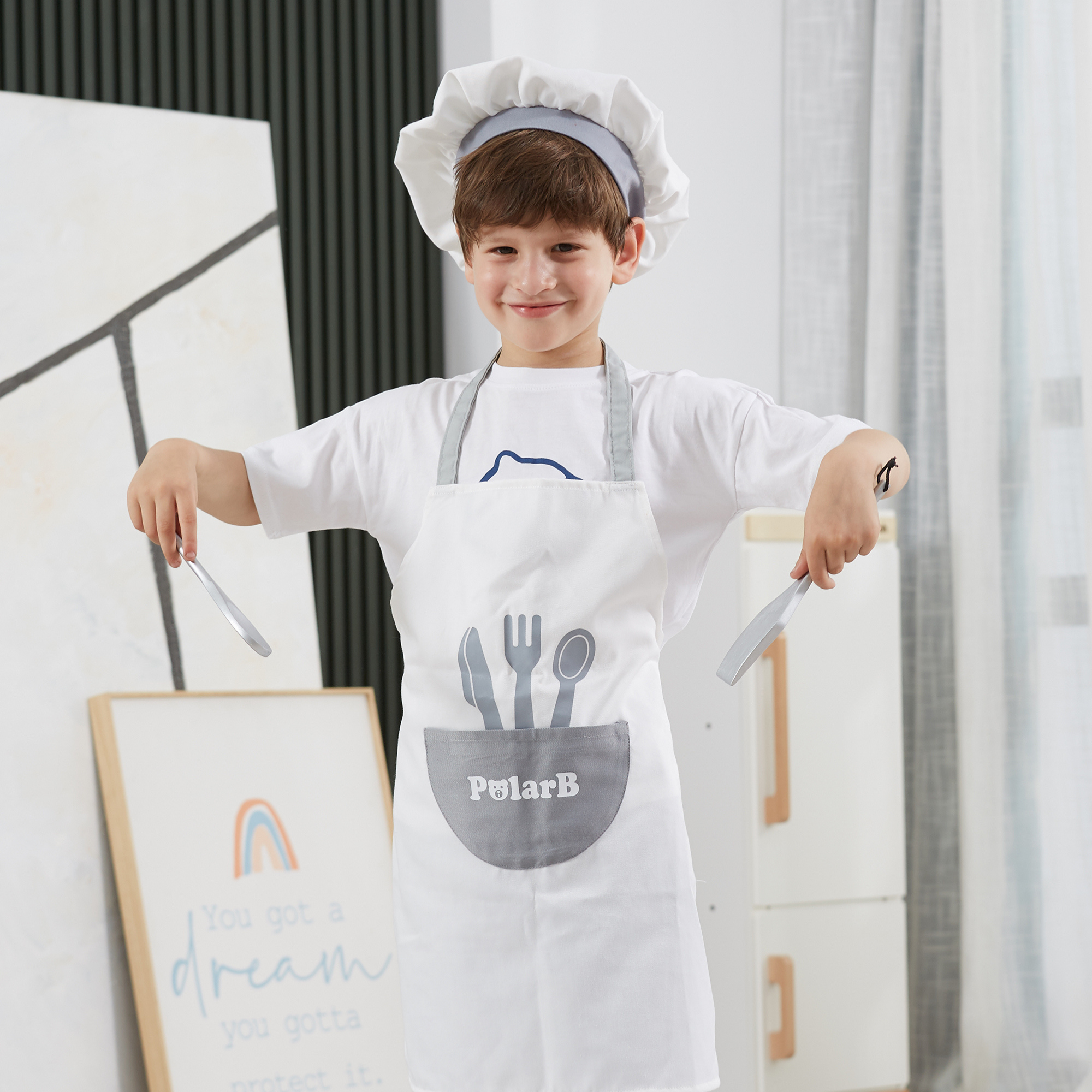 VIGA Little Chef Uniform and Hat Set, Kids Apron with Pocket and Adjustable Hat, Role Play Costume for Cooking, Baking and Dress Up