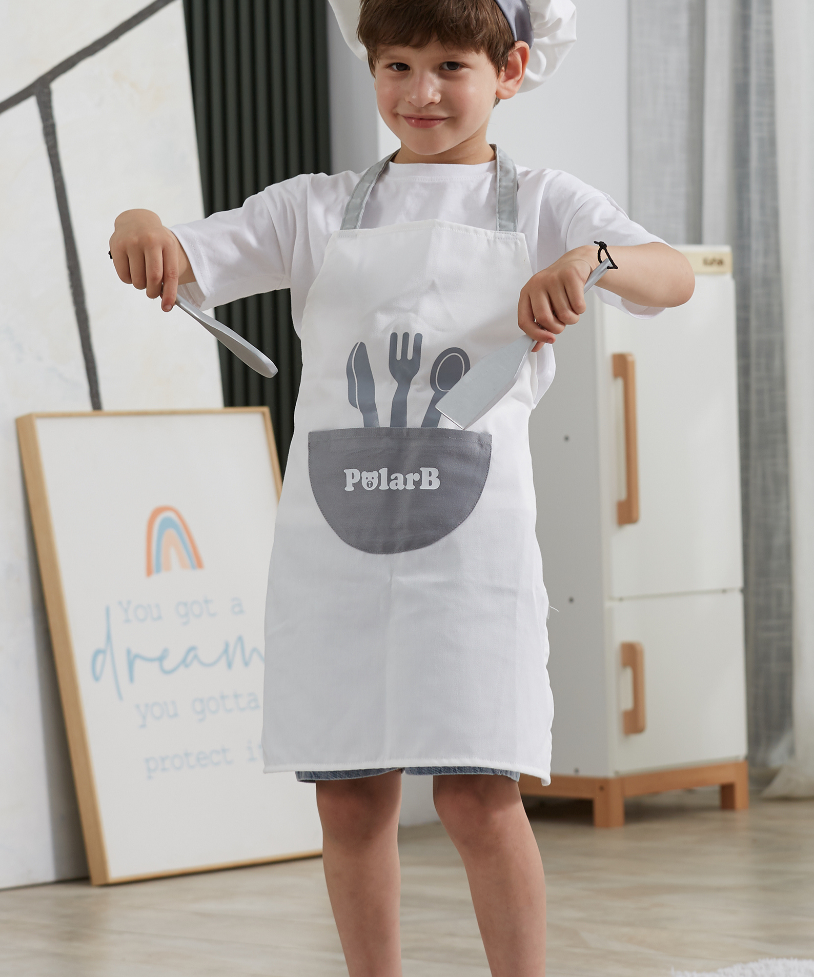 VIGA Little Chef Uniform and Hat Set, Kids Apron with Pocket and Adjustable Hat, Role Play Costume for Cooking, Baking and Dress Up