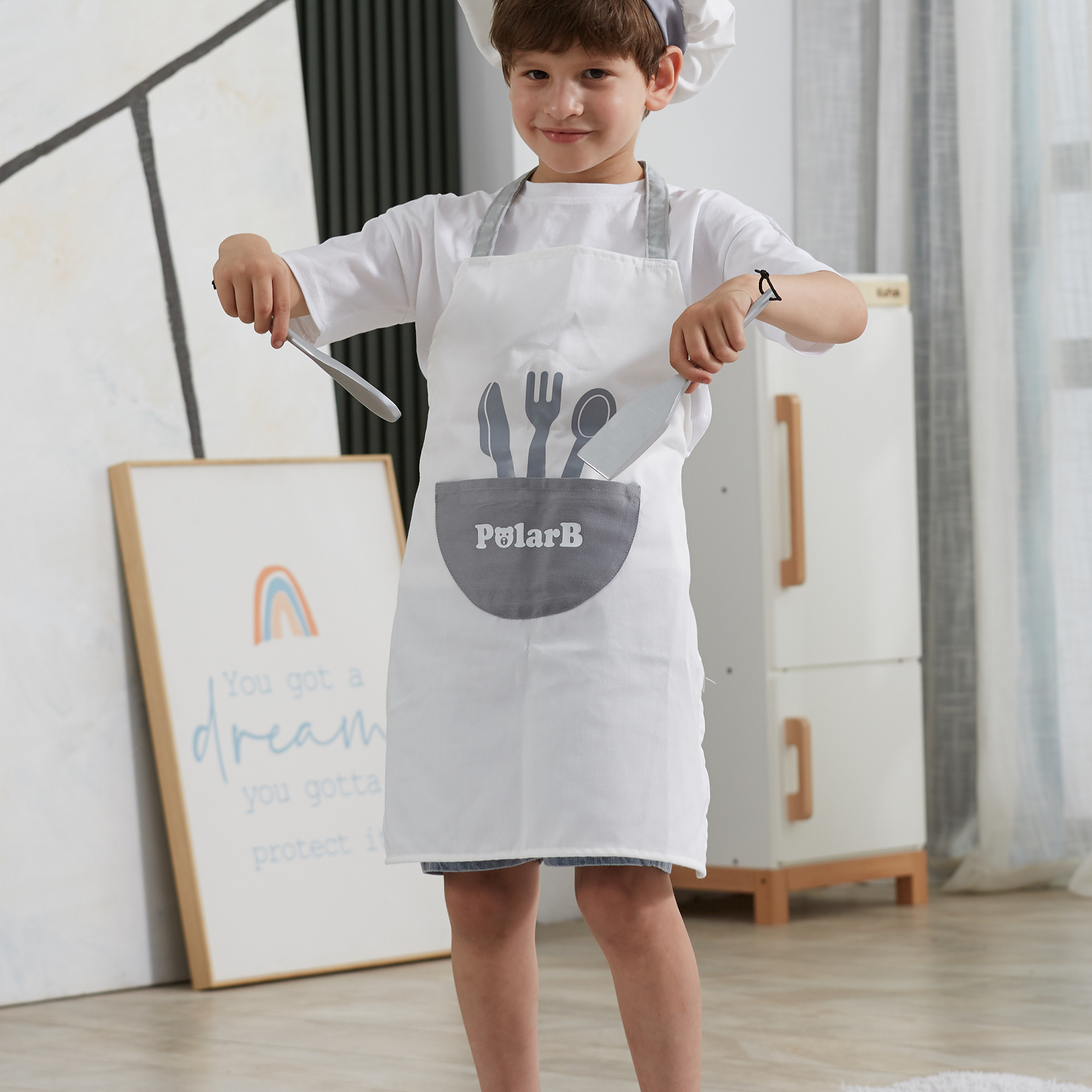 VIGA Little Chef Uniform and Hat Set, Kids Apron with Pocket and Adjustable Hat, Role Play Costume for Cooking, Baking and Dress Up