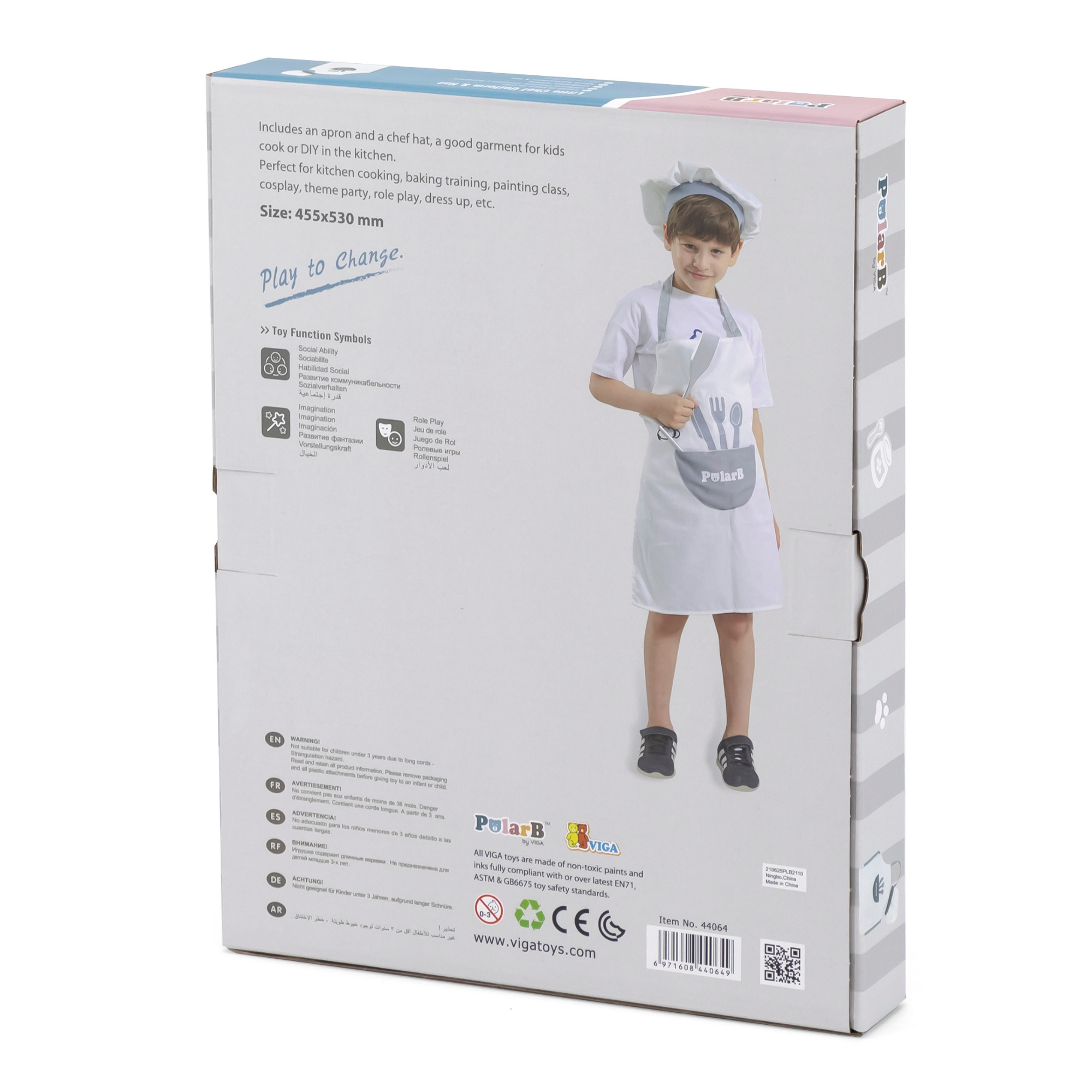 VIGA Little Chef Uniform and Hat Set, Kids Apron with Pocket and Adjustable Hat, Role Play Costume for Cooking, Baking and Dress Up