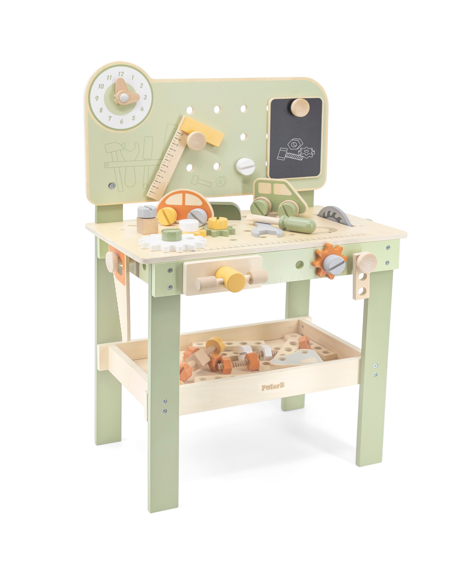 PolarB Wooden Tool Bench Play Set for Kids, Includes Saw, Hammer, Screwdriver, Gears and DIY Car Building Accessories, Encourages Imaginative Role Play and Fine Motor Skills