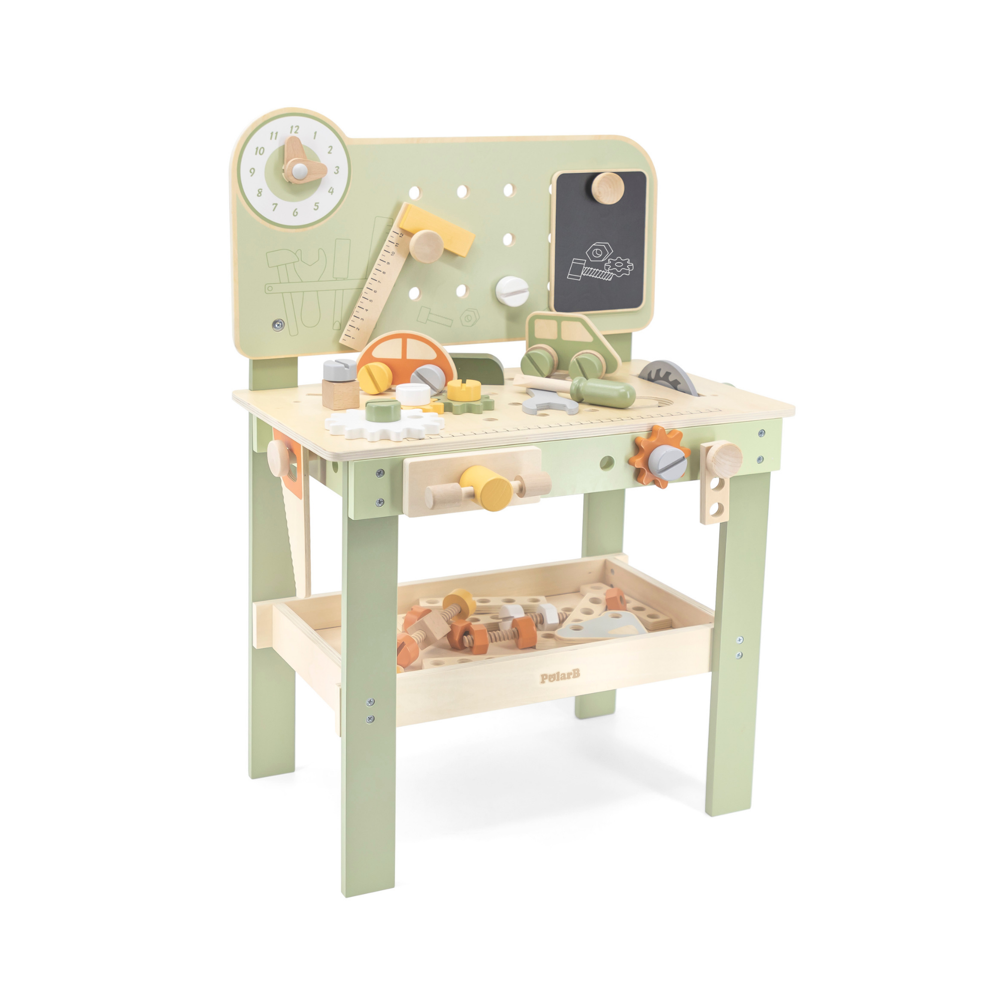 PolarB Wooden Tool Bench Play Set for Kids, Includes Saw, Hammer, Screwdriver, Gears and DIY Car Building Accessories, Encourages Imaginative Role Play and Fine Motor Skills