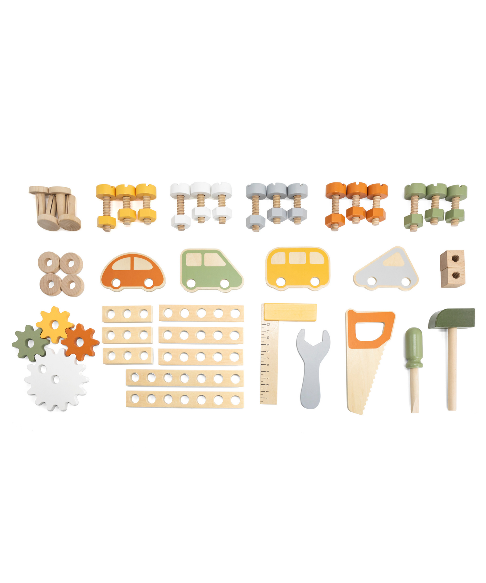 PolarB Wooden Tool Bench Play Set for Kids, Includes Saw, Hammer, Screwdriver, Gears and DIY Car Building Accessories, Encourages Imaginative Role Play and Fine Motor Skills