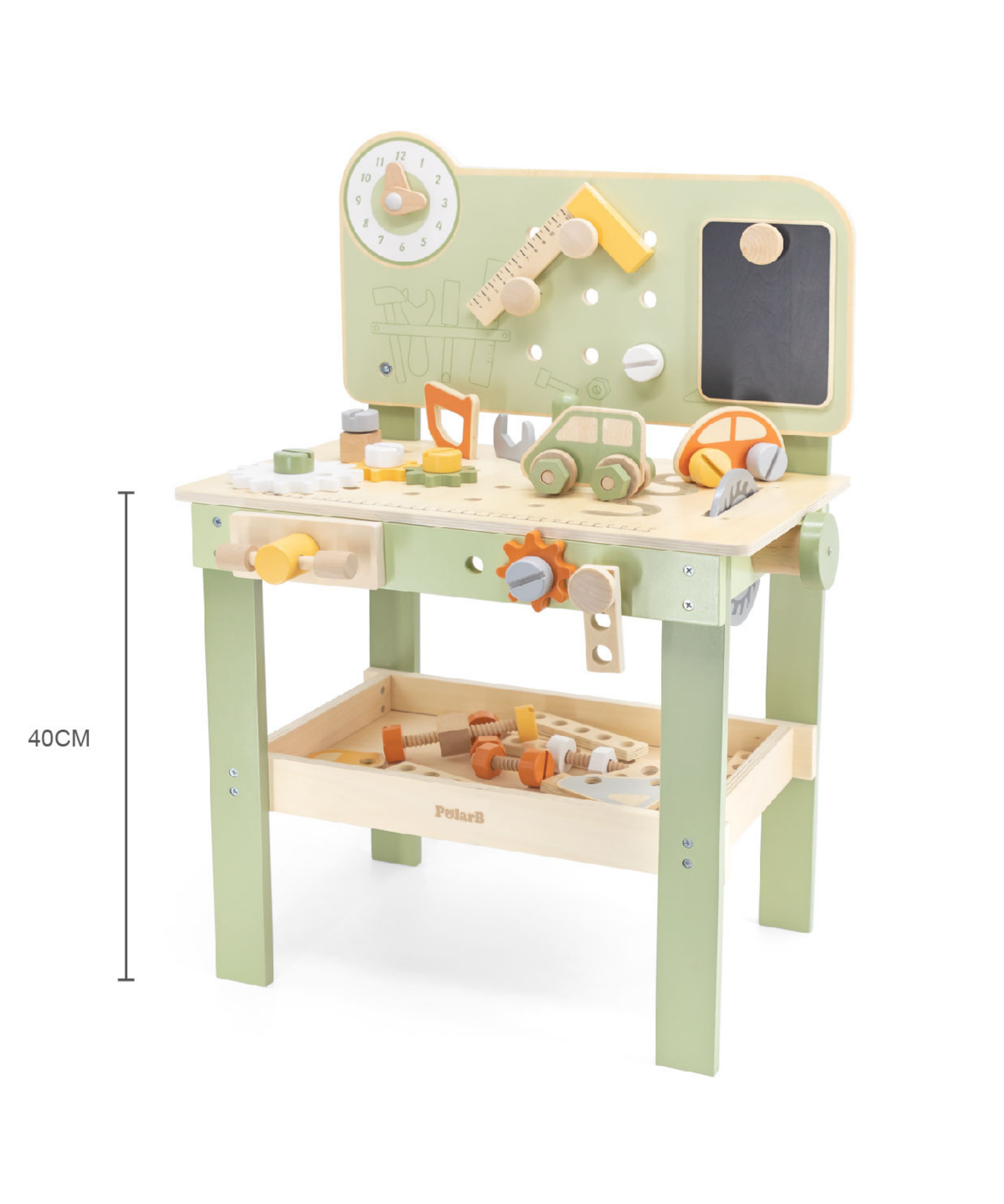 PolarB Wooden Tool Bench Play Set for Kids, Includes Saw, Hammer, Screwdriver, Gears and DIY Car Building Accessories, Encourages Imaginative Role Play and Fine Motor Skills