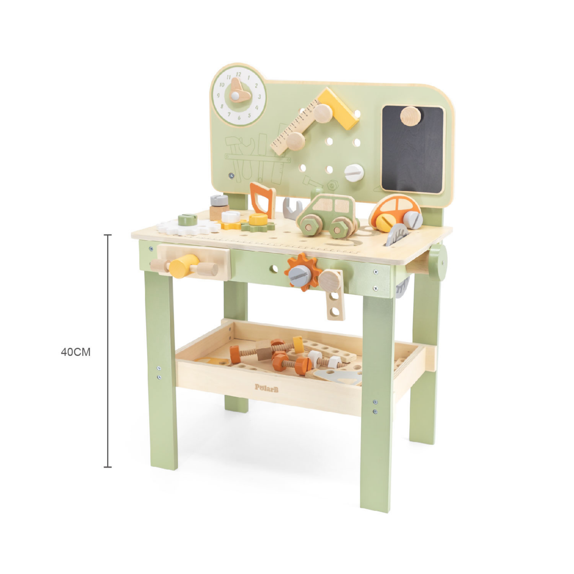 PolarB Wooden Tool Bench Play Set for Kids, Includes Saw, Hammer, Screwdriver, Gears and DIY Car Building Accessories, Encourages Imaginative Role Play and Fine Motor Skills