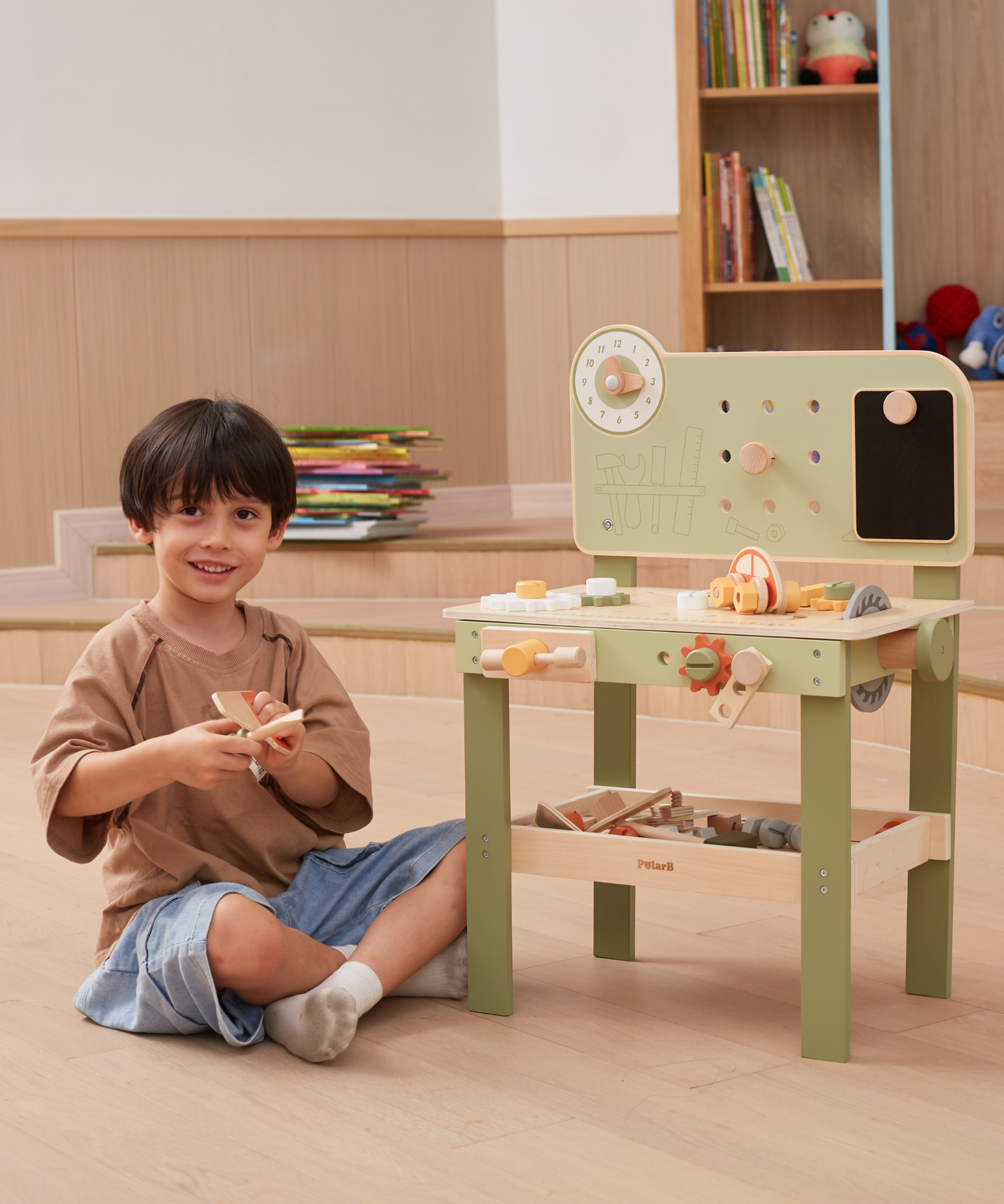 PolarB Wooden Tool Bench Play Set for Kids, Includes Saw, Hammer, Screwdriver, Gears and DIY Car Building Accessories, Encourages Imaginative Role Play and Fine Motor Skills