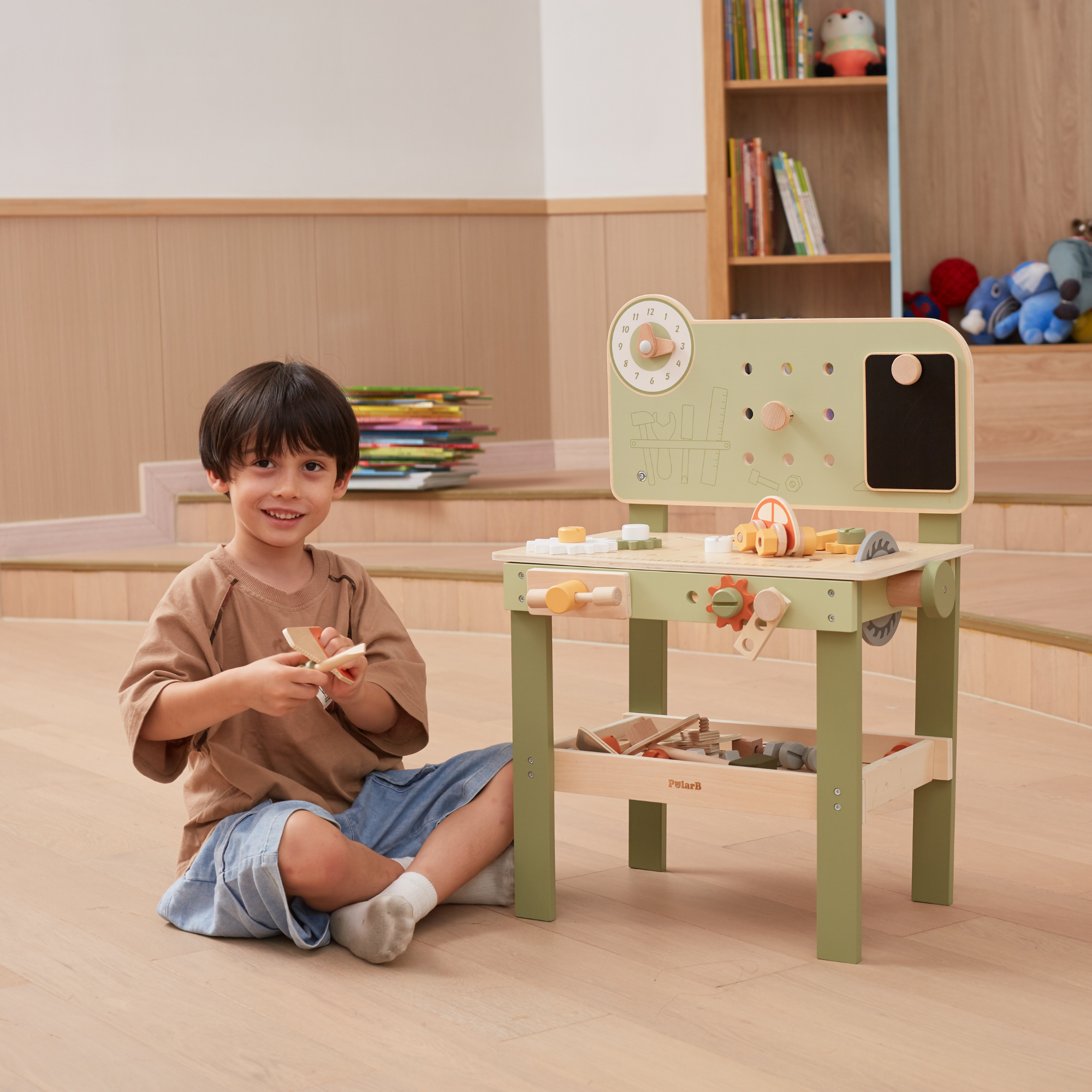 PolarB Wooden Tool Bench Play Set for Kids, Includes Saw, Hammer, Screwdriver, Gears and DIY Car Building Accessories, Encourages Imaginative Role Play and Fine Motor Skills