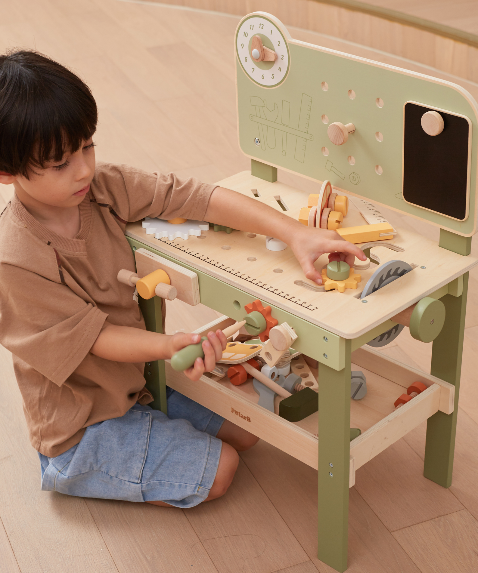 PolarB Wooden Tool Bench Play Set for Kids, Includes Saw, Hammer, Screwdriver, Gears and DIY Car Building Accessories, Encourages Imaginative Role Play and Fine Motor Skills