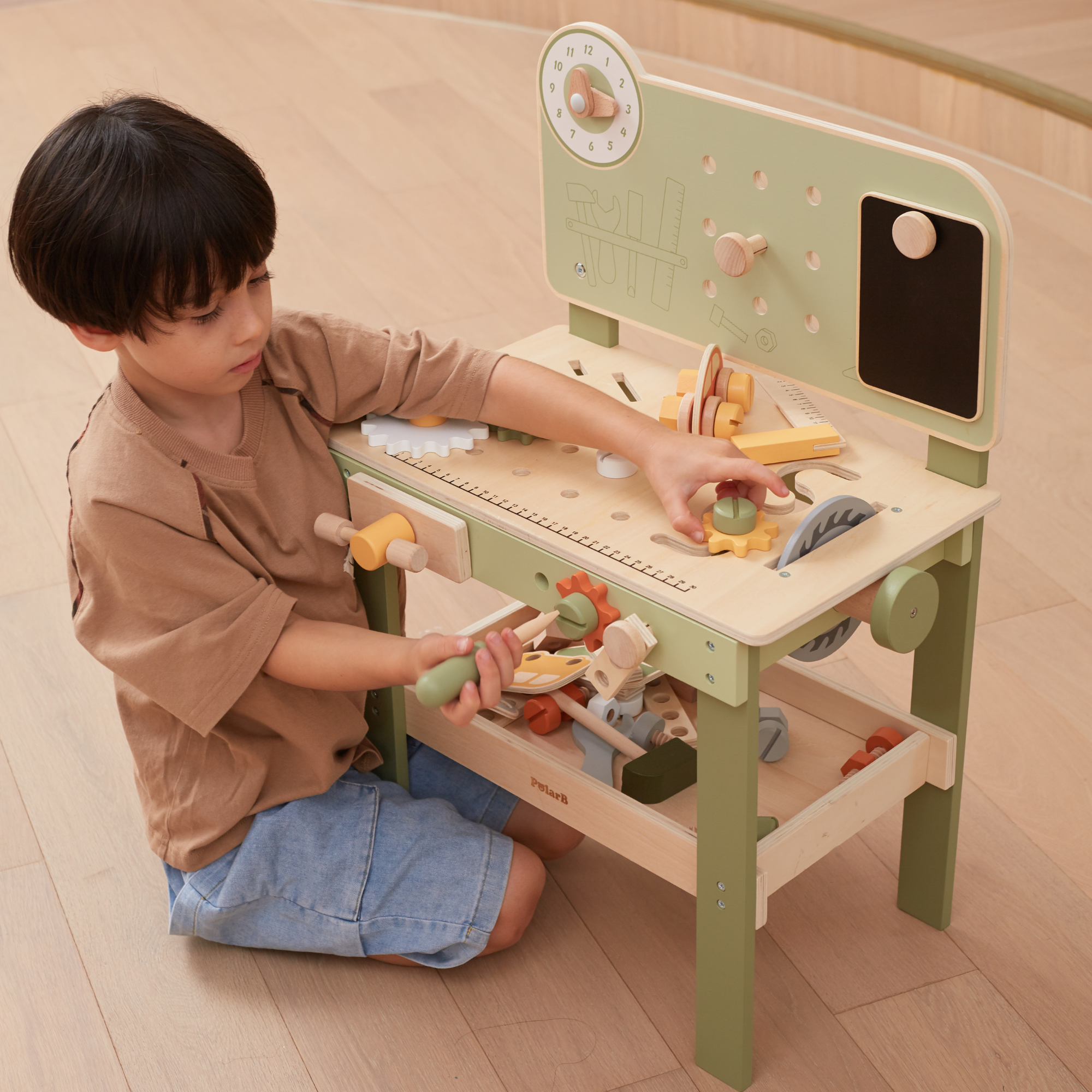 PolarB Wooden Tool Bench Play Set for Kids, Includes Saw, Hammer, Screwdriver, Gears and DIY Car Building Accessories, Encourages Imaginative Role Play and Fine Motor Skills