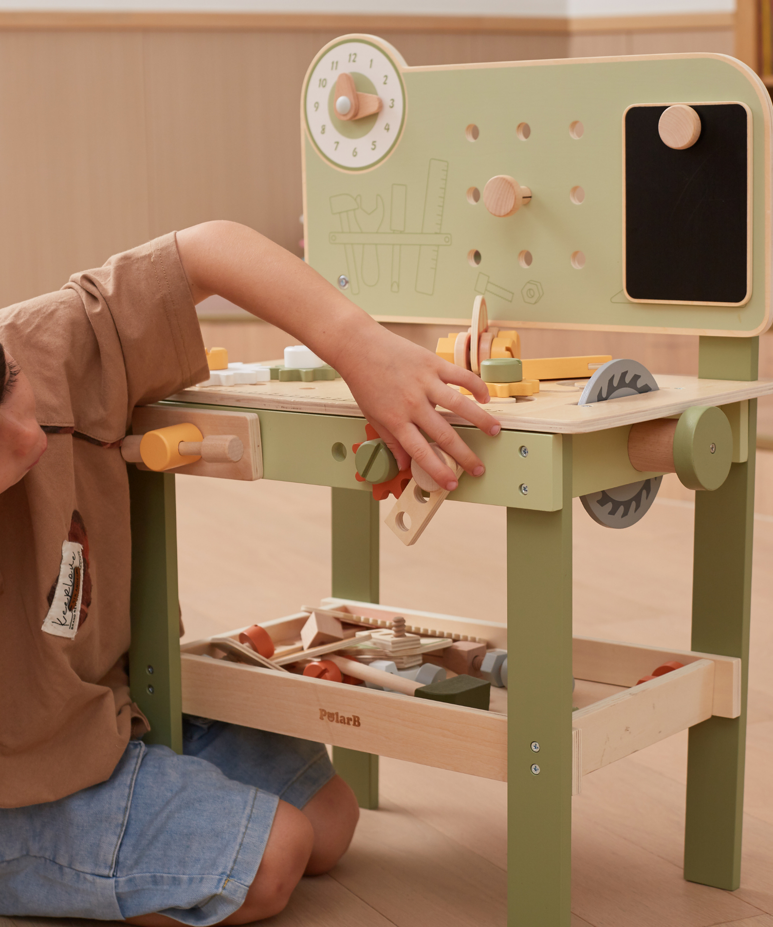 PolarB Wooden Tool Bench Play Set for Kids, Includes Saw, Hammer, Screwdriver, Gears and DIY Car Building Accessories, Encourages Imaginative Role Play and Fine Motor Skills