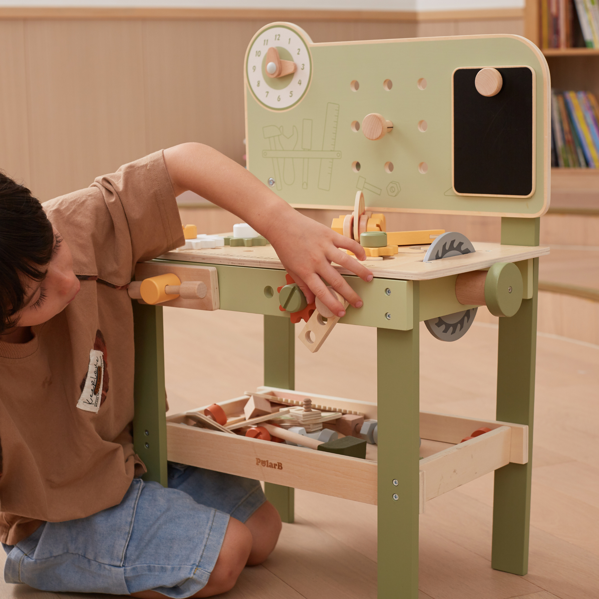 PolarB Wooden Tool Bench Play Set for Kids, Includes Saw, Hammer, Screwdriver, Gears and DIY Car Building Accessories, Encourages Imaginative Role Play and Fine Motor Skills