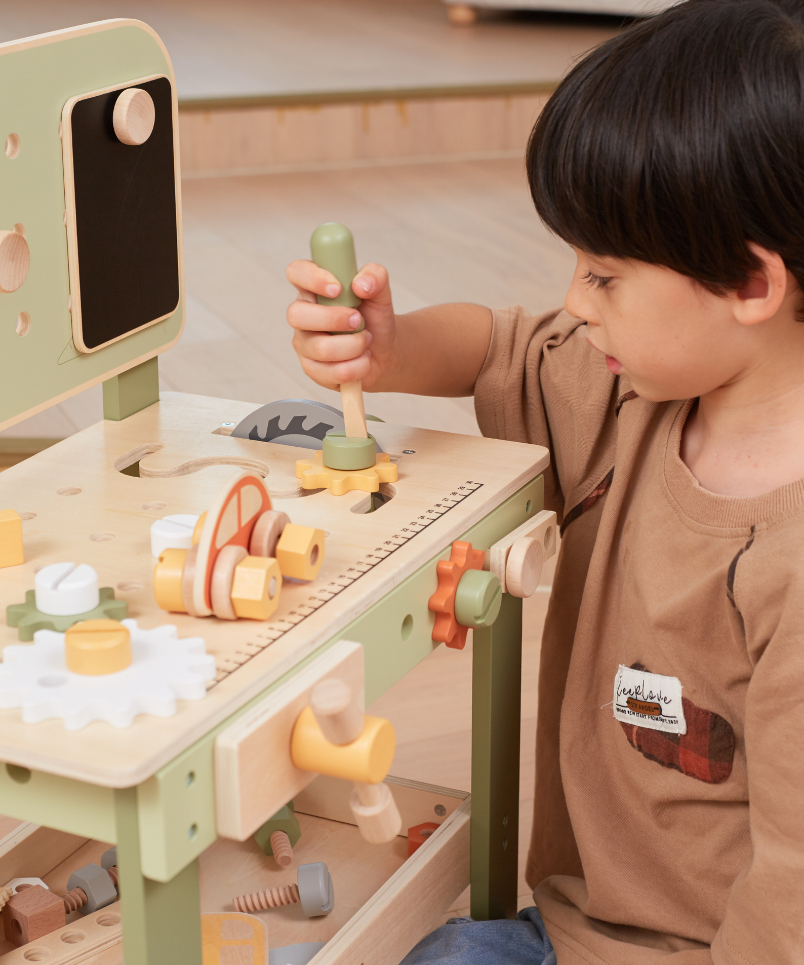 PolarB Wooden Tool Bench Play Set for Kids, Includes Saw, Hammer, Screwdriver, Gears and DIY Car Building Accessories, Encourages Imaginative Role Play and Fine Motor Skills