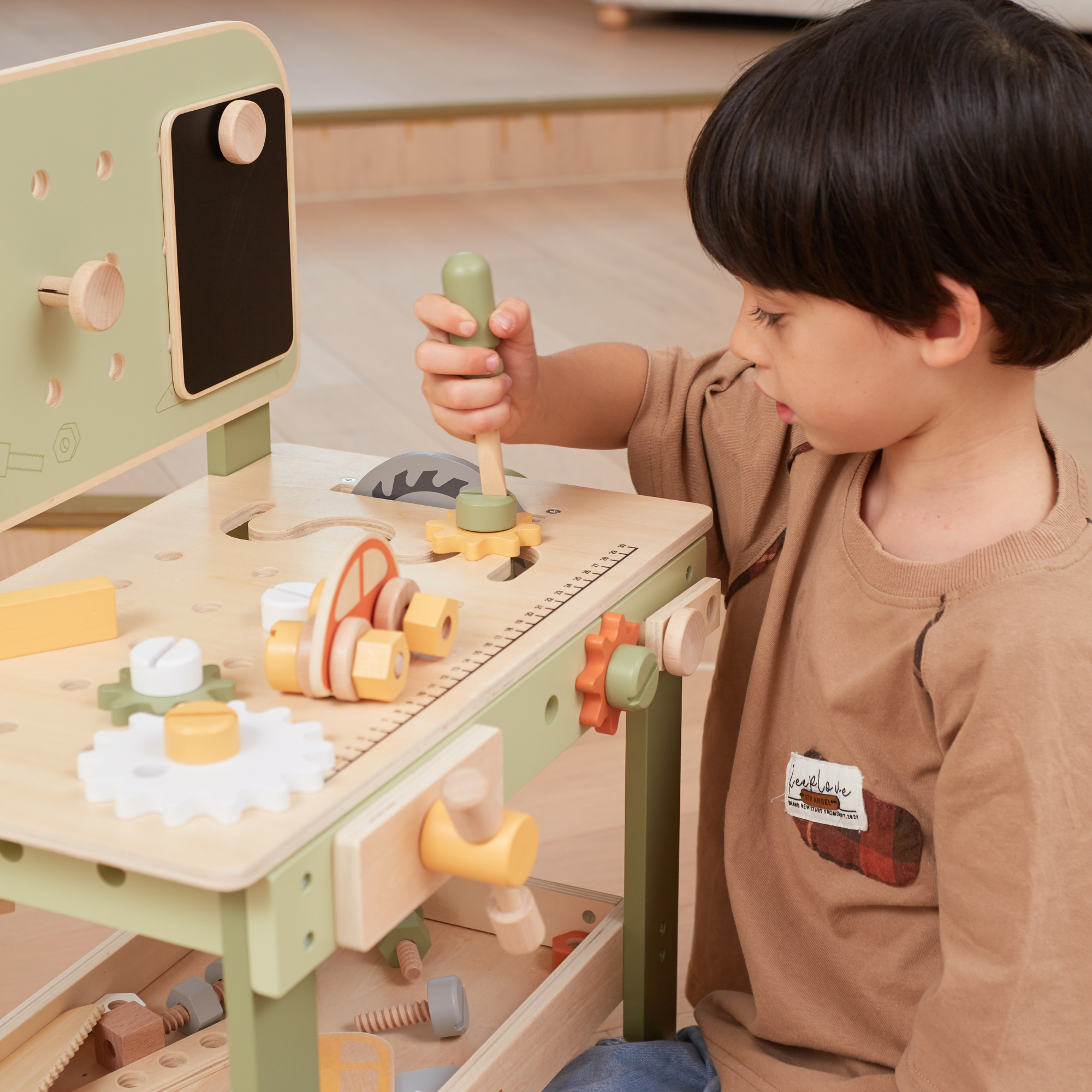 PolarB Wooden Tool Bench Play Set for Kids, Includes Saw, Hammer, Screwdriver, Gears and DIY Car Building Accessories, Encourages Imaginative Role Play and Fine Motor Skills