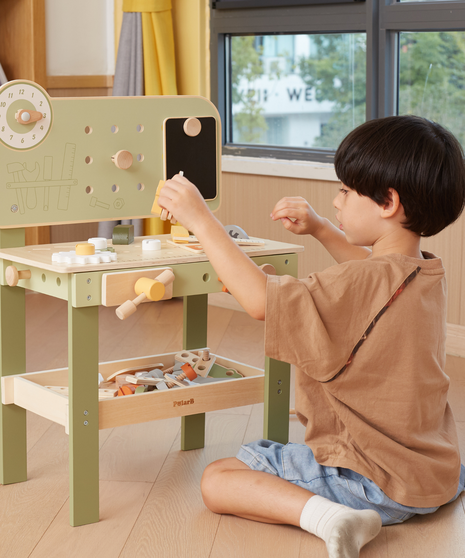 PolarB Wooden Tool Bench Play Set for Kids, Includes Saw, Hammer, Screwdriver, Gears and DIY Car Building Accessories, Encourages Imaginative Role Play and Fine Motor Skills