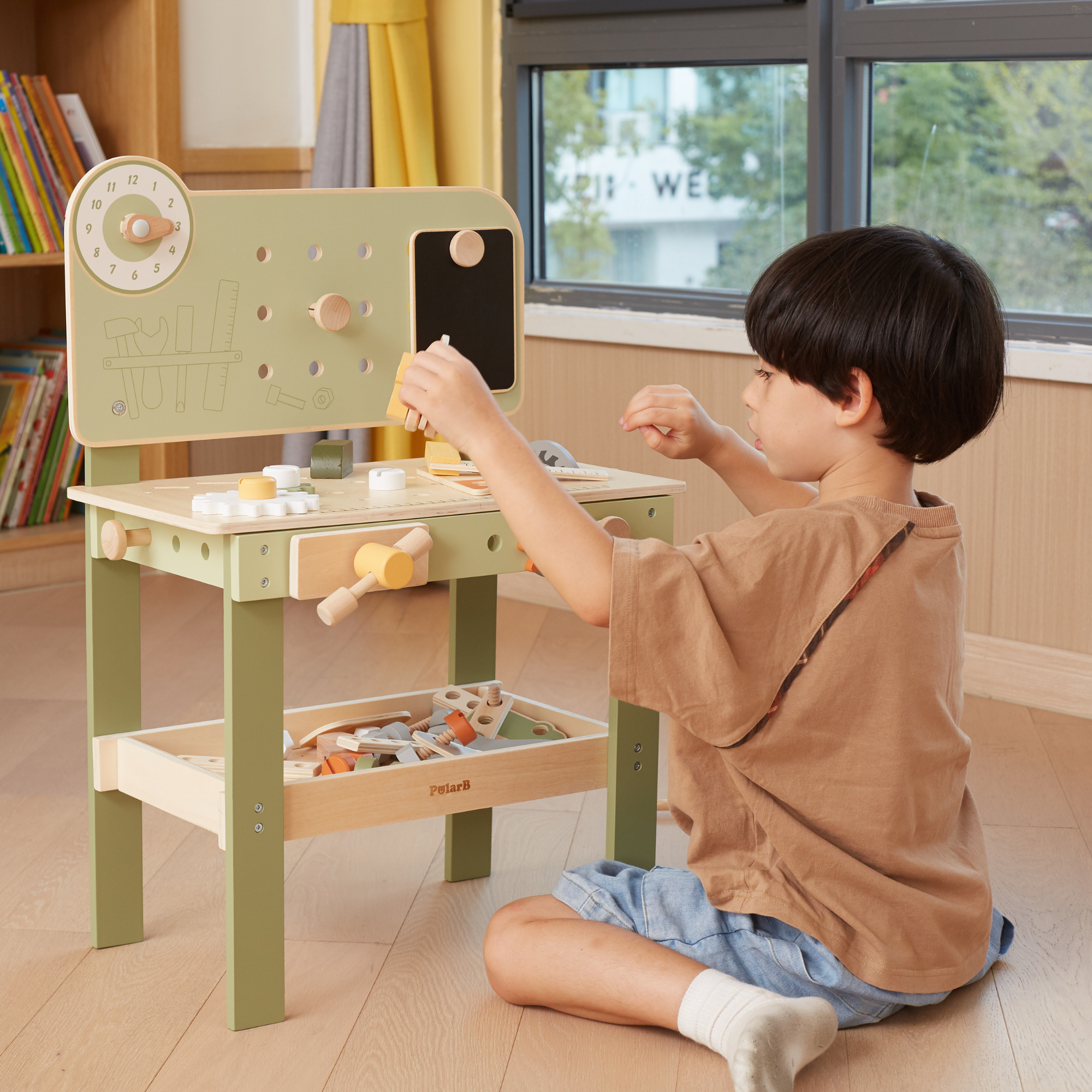 PolarB Wooden Tool Bench Play Set for Kids, Includes Saw, Hammer, Screwdriver, Gears and DIY Car Building Accessories, Encourages Imaginative Role Play and Fine Motor Skills