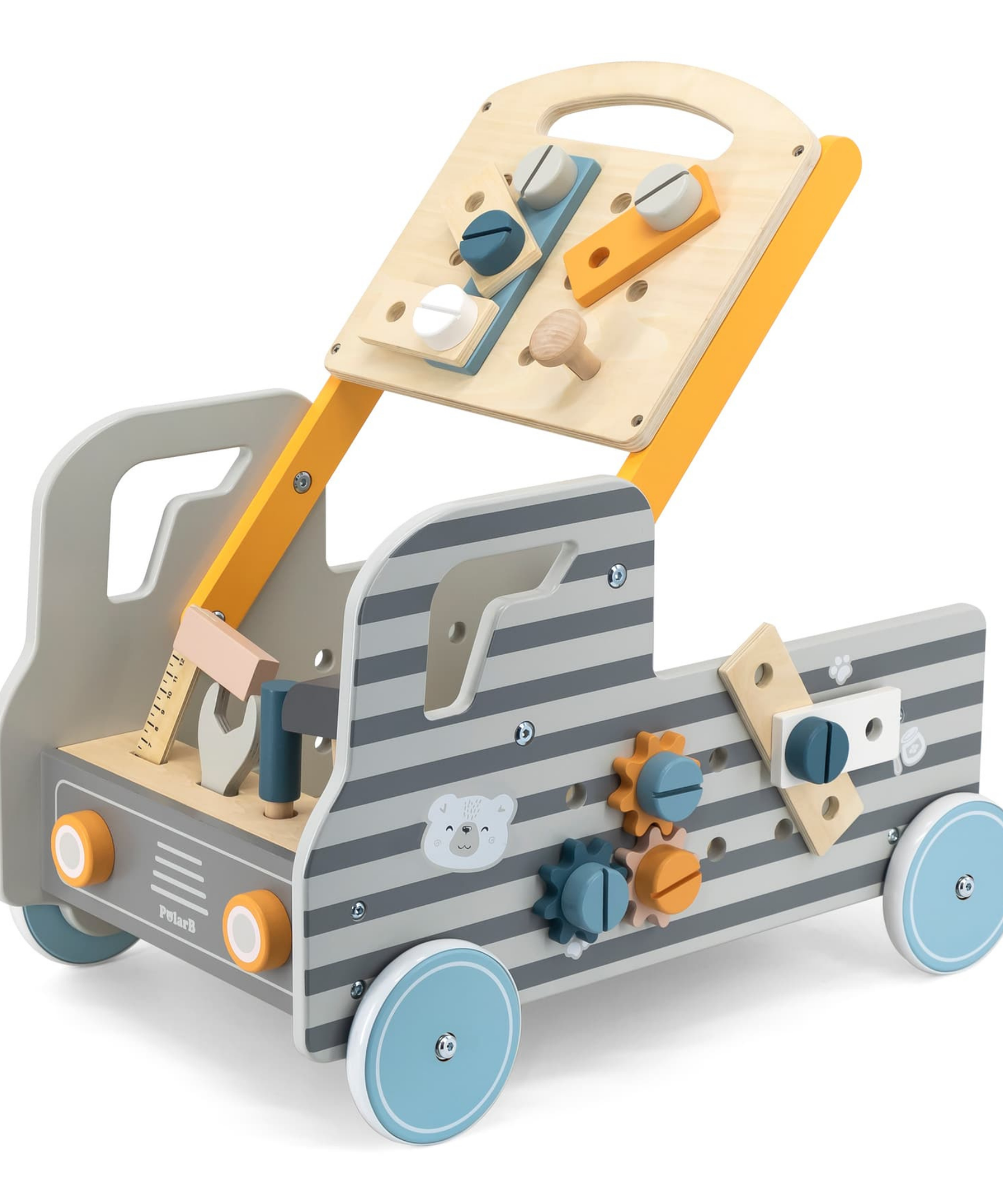 VIGA Wooden Truck Tool Bench, 2-in-1 Walker and Movable Tool Station with Accessories, Educational Construction and Role Play Toy for Kids 18 Months+